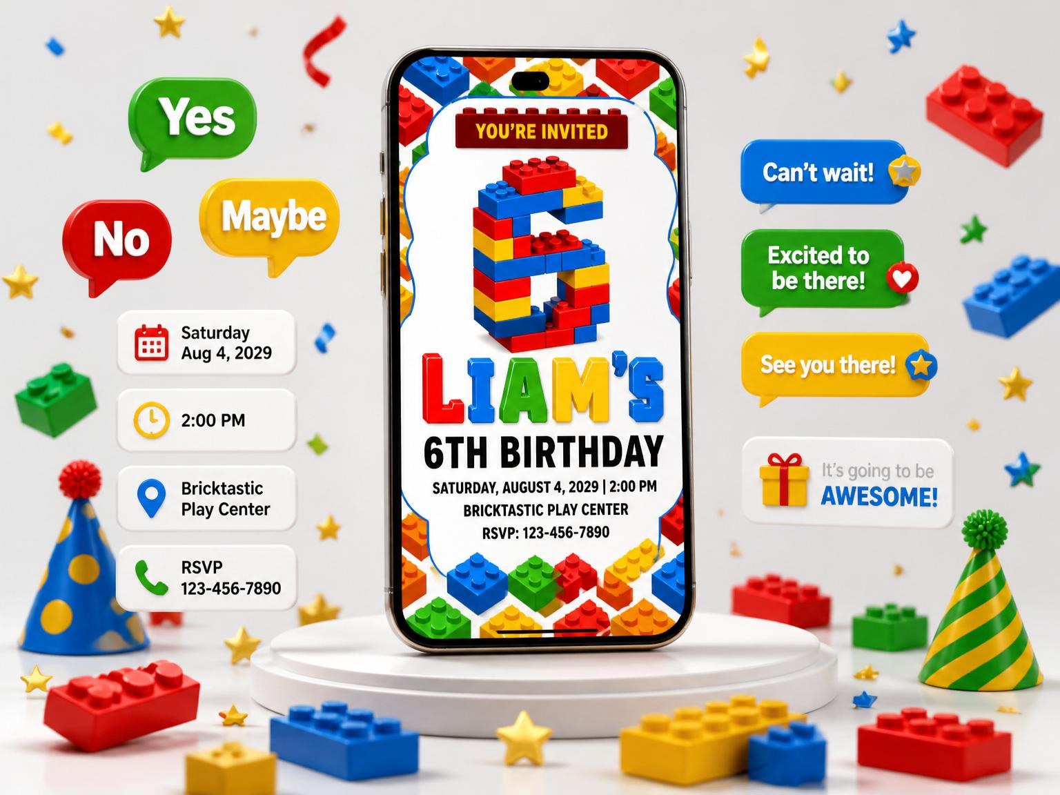 The Primary Color Building Block 6th Birthday invitation on a phone, with guest RSVPs arriving around it