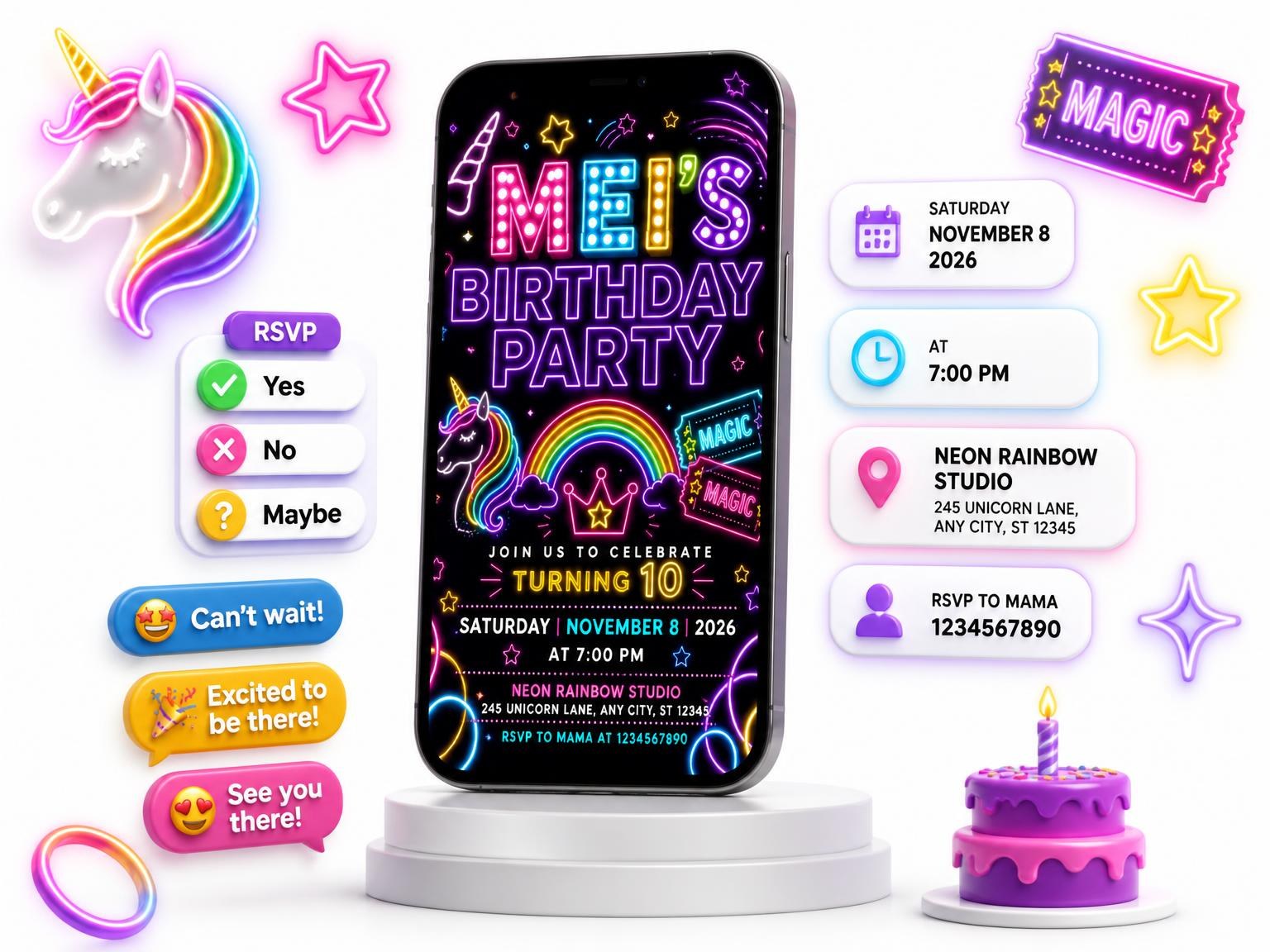 The Neon Unicorn 10th Birthday Invitation invitation on a phone, with guest RSVPs arriving around it