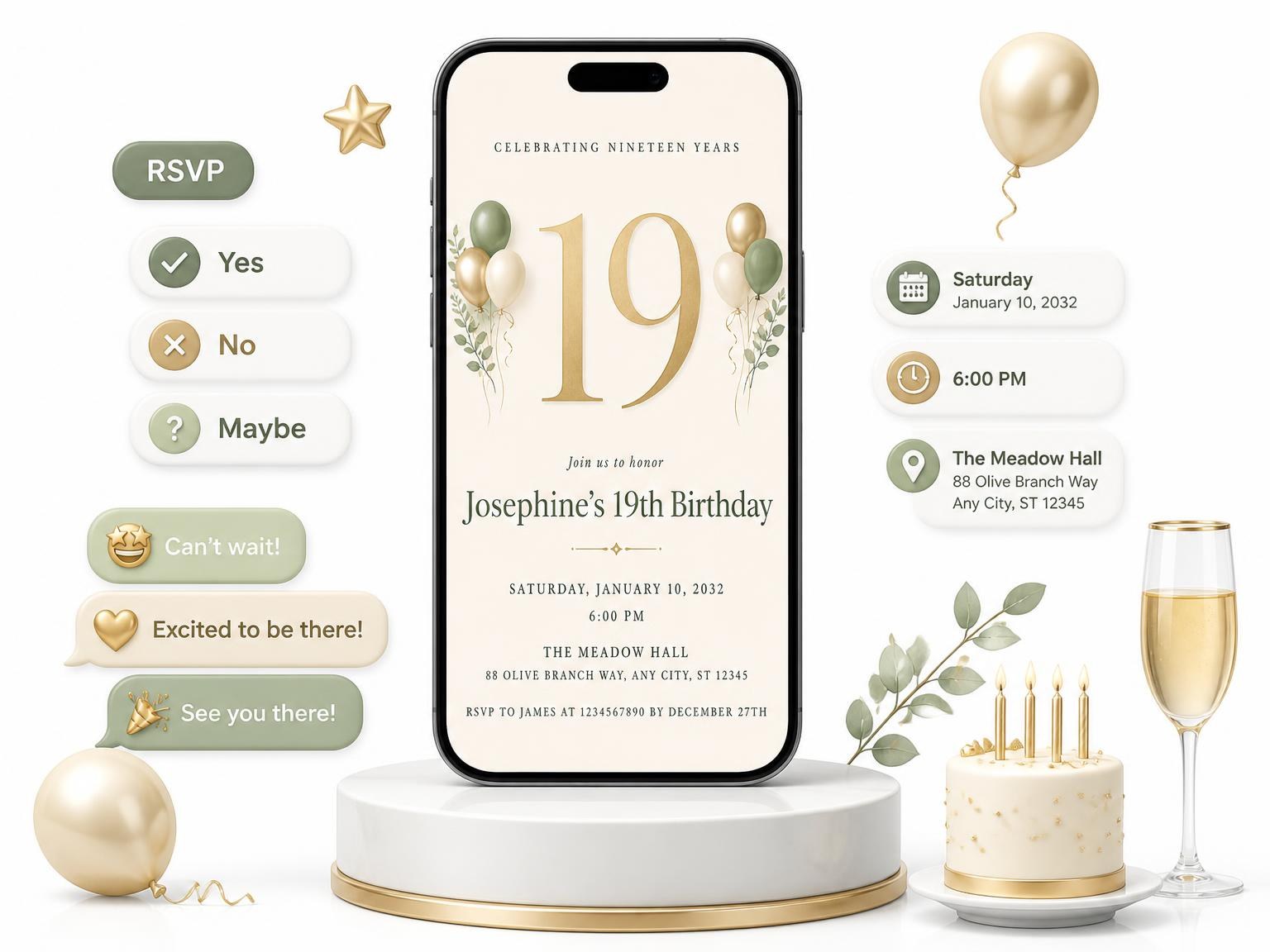 The Sage and Ivory 19th Birthday Invitation invitation on a phone, with guest RSVPs arriving around it