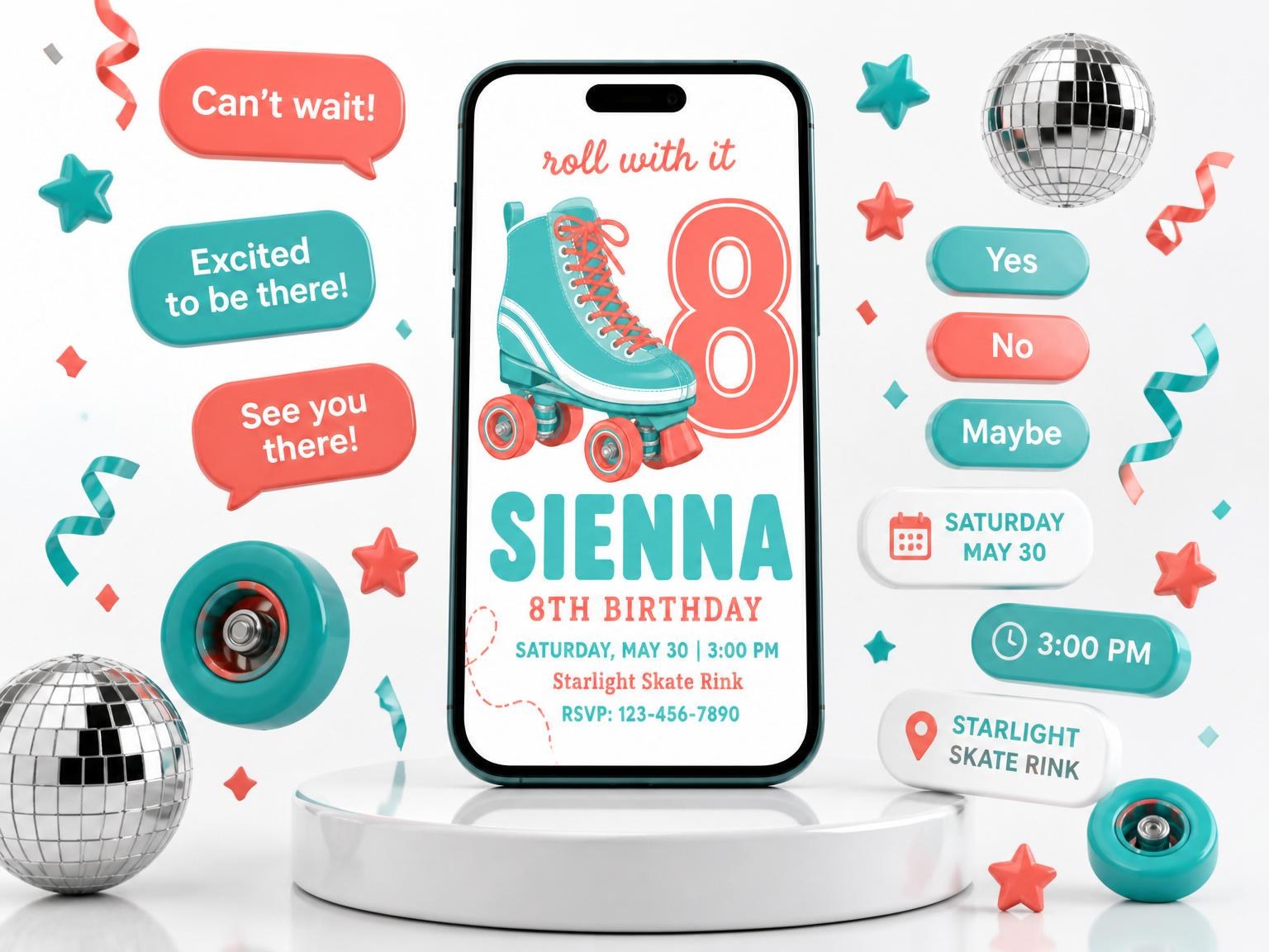 The Teal and Coral Roller Skate 8th Birthday invitation on a phone, with guest RSVPs arriving around it