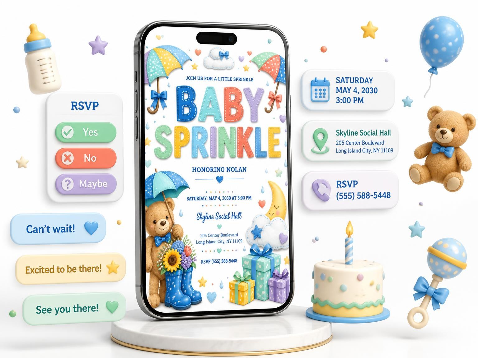 The Cloud Teddy Bear Baby Sprinkle Invitation invitation on a phone, with guest RSVPs arriving around it