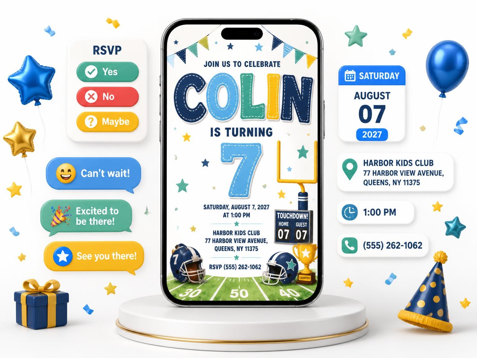 The Goalpost Scoreboard 7th Birthday Invitation invitation on a phone, with guest RSVPs arriving around it
