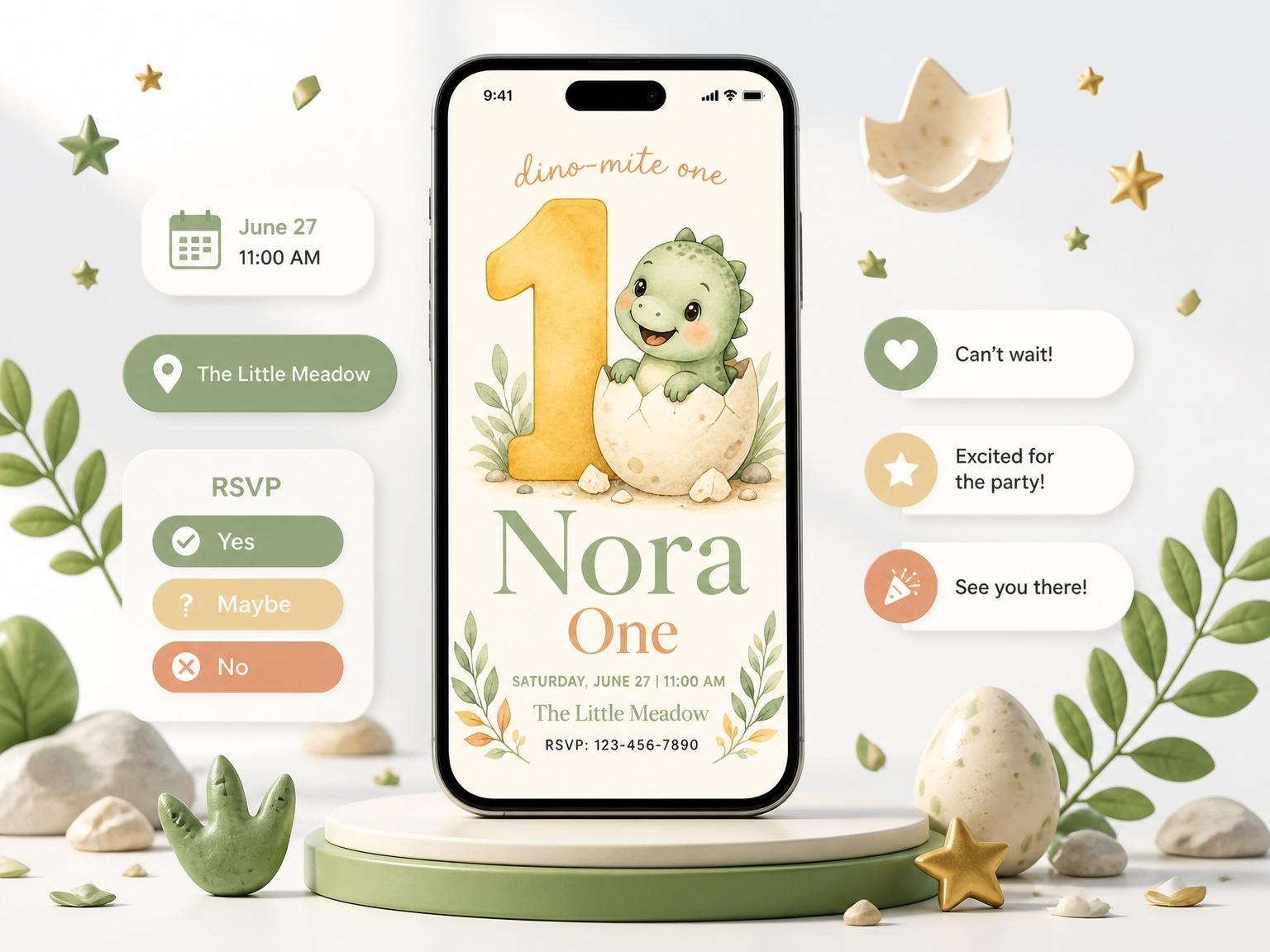 The Watercolor Baby Dinosaur 1st Birthday invitation on a phone, with guest RSVPs arriving around it