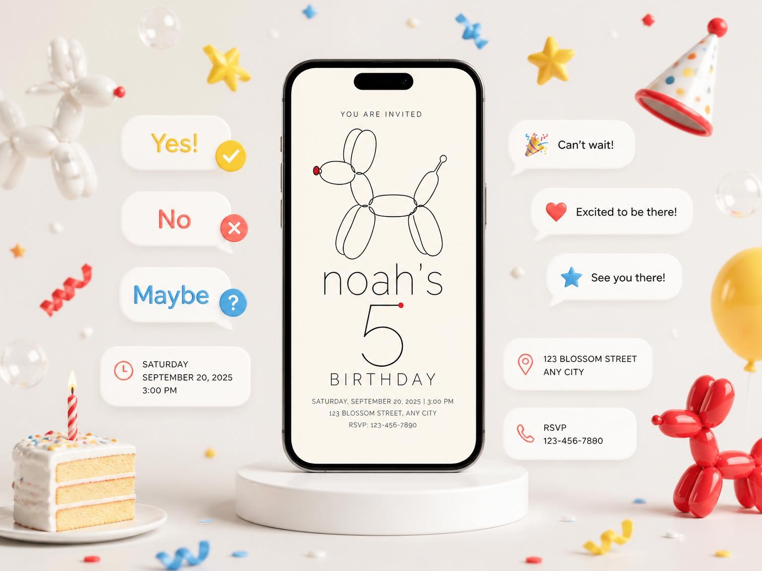 The Minimalist Line Art Balloon Dog Birthday invitation on a phone, with guest RSVPs arriving around it
