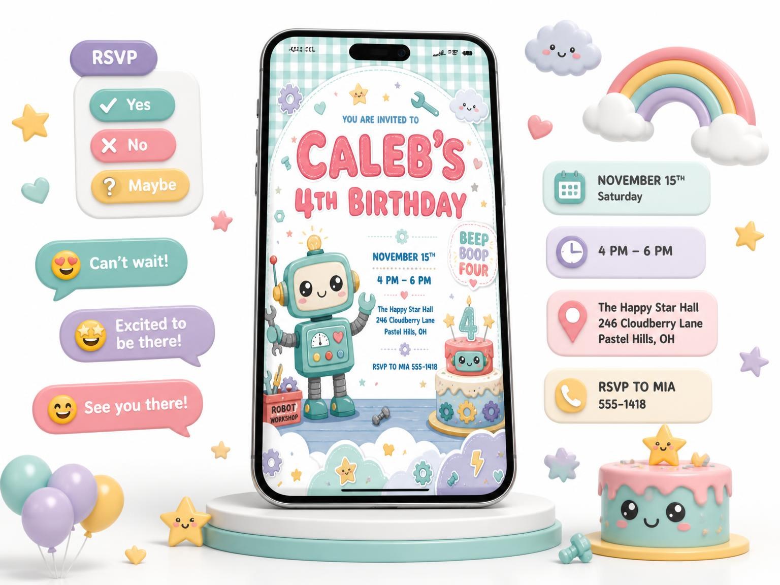 The Robot Cake Kawaii 4th Birthday Invitation invitation on a phone, with guest RSVPs arriving around it
