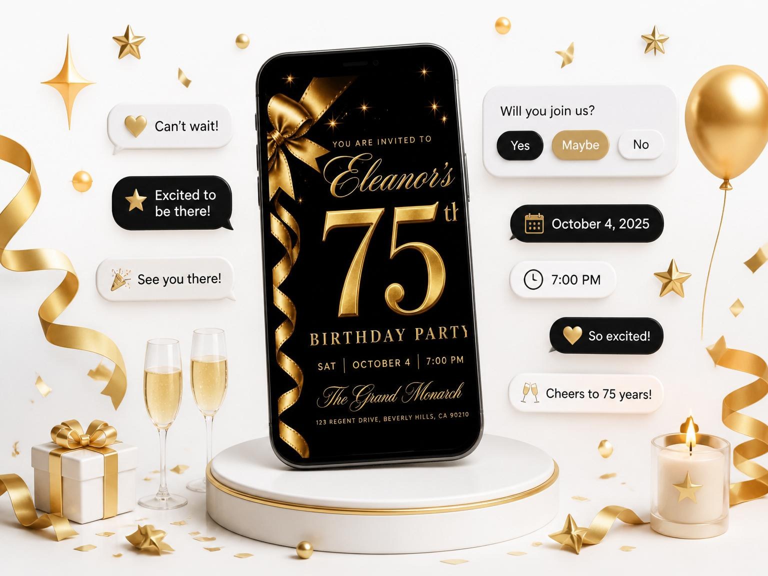 The Gold Bow 75th Birthday Invitation invitation on a phone, with guest RSVPs arriving around it