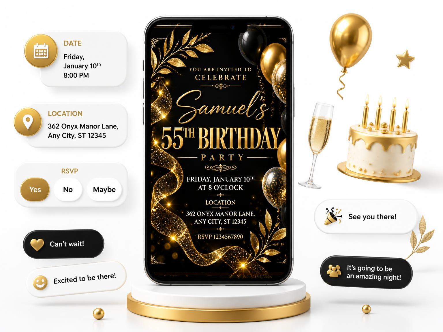 The Black and Gold 55th Birthday Invitation invitation on a phone, with guest RSVPs arriving around it