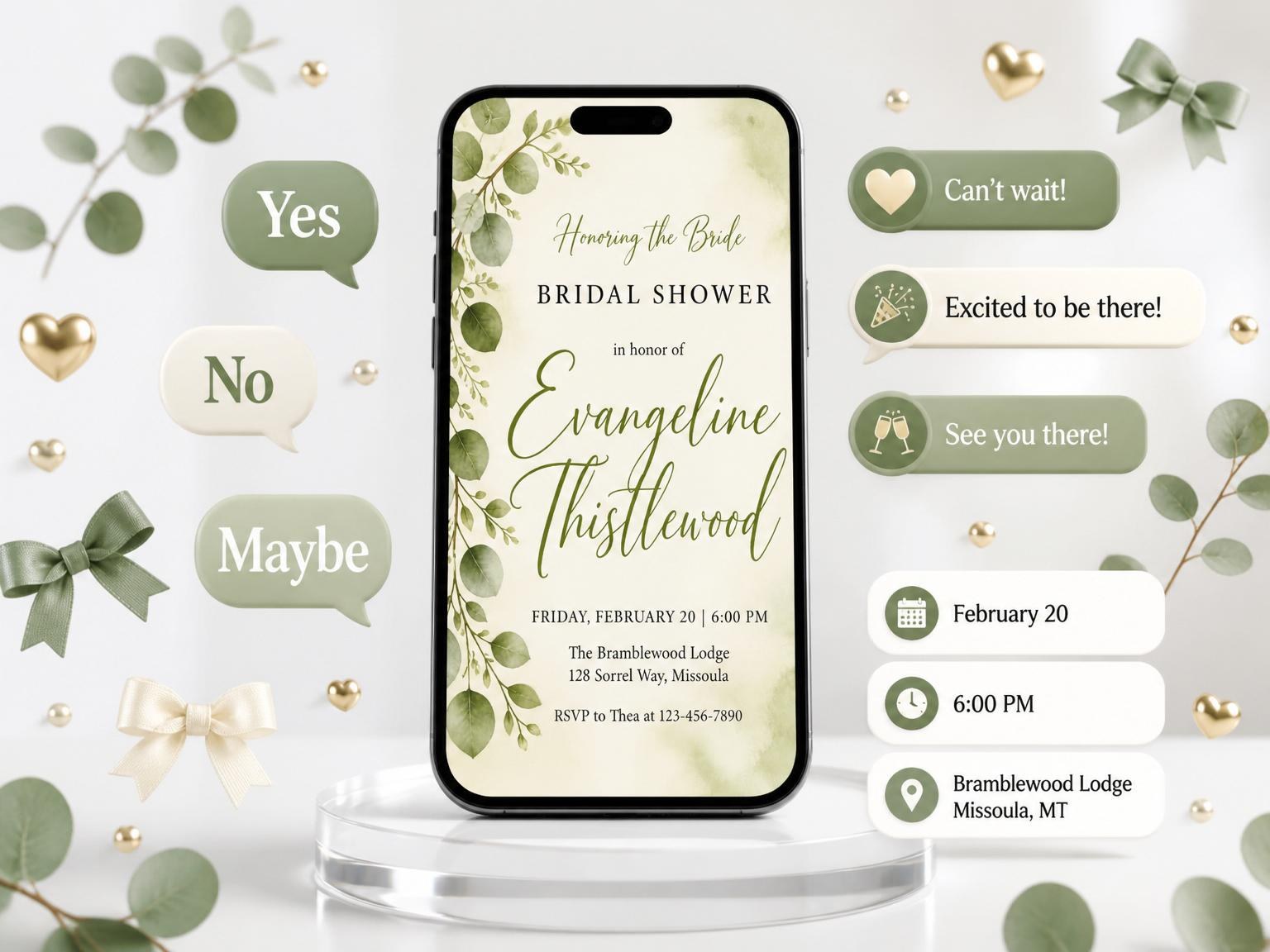 The Watercolor Eucalyptus Bridal Shower Invitation invitation on a phone, with guest RSVPs arriving around it