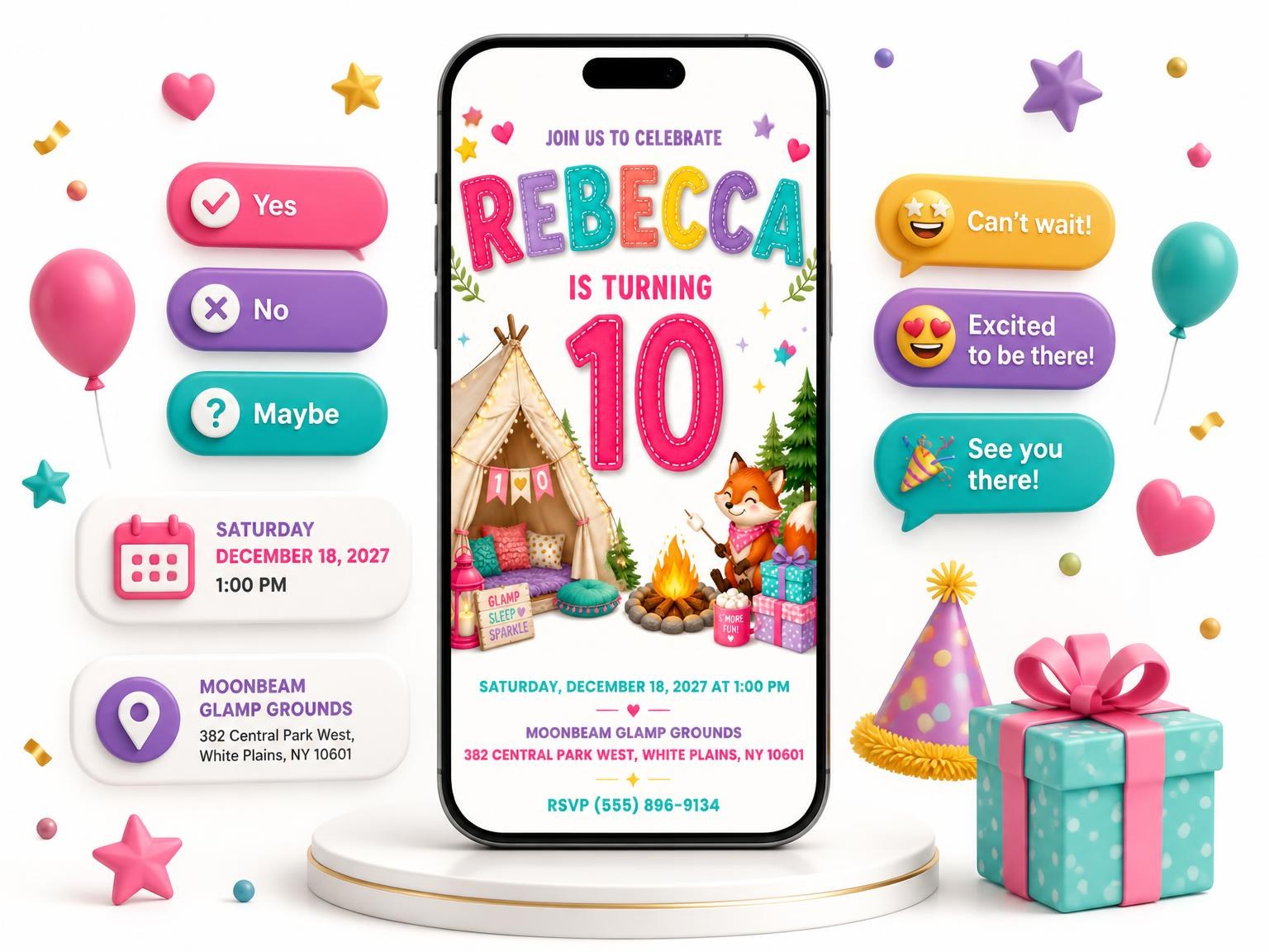 The Roasting Marshmallow 10th Birthday Invitation invitation on a phone, with guest RSVPs arriving around it