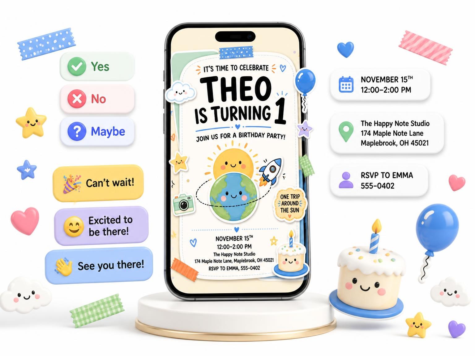 The Earth Sun Pastel 1st Birthday Invitation invitation on a phone, with guest RSVPs arriving around it