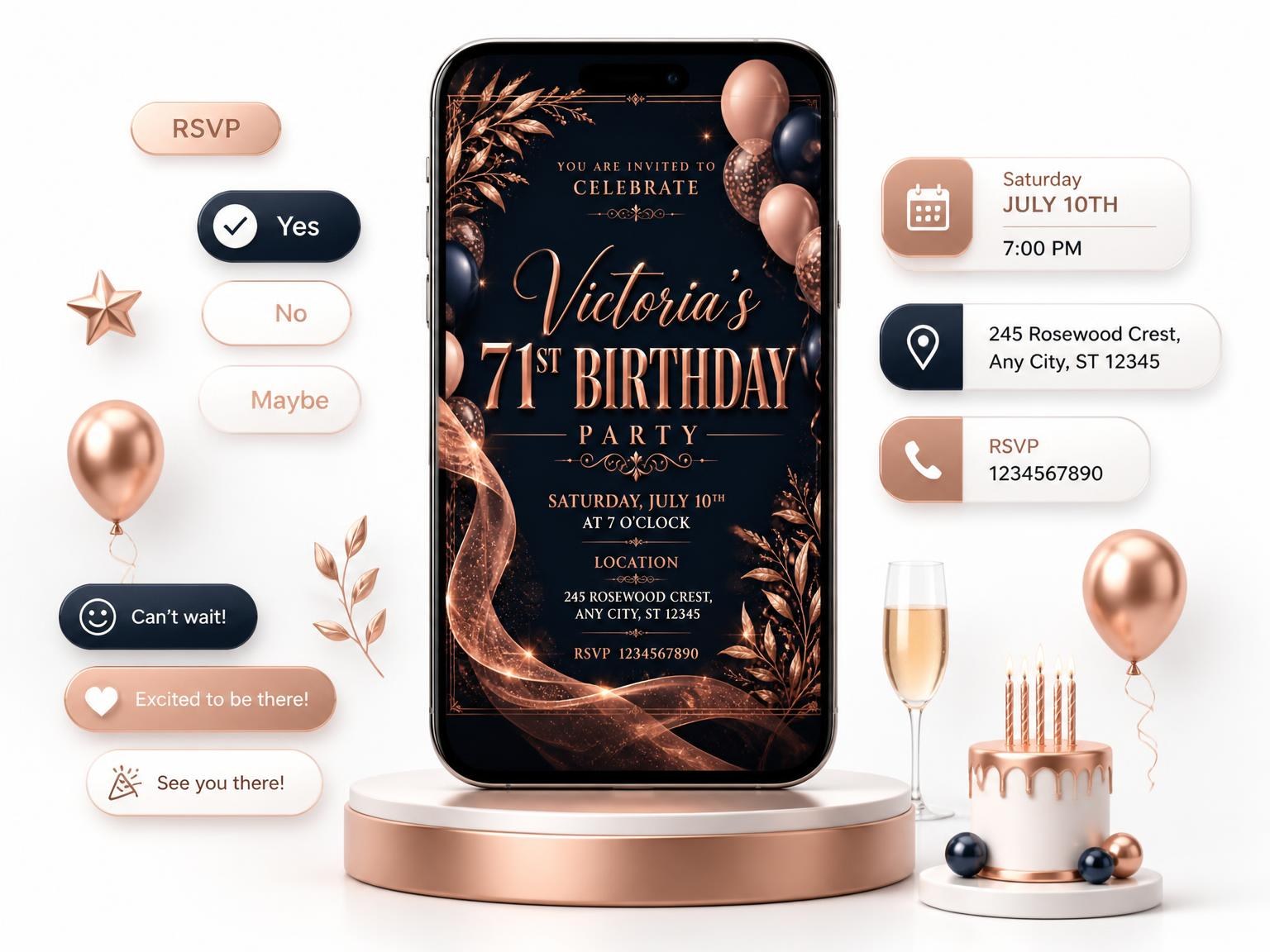 The Navy and Rose Gold 71st Birthday Invitation invitation on a phone, with guest RSVPs arriving around it