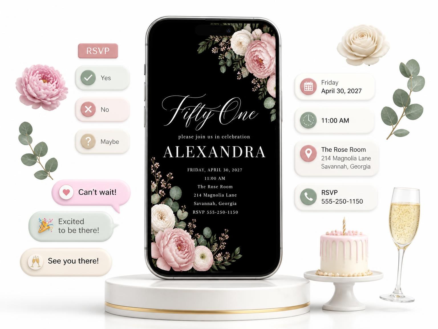 The Black Floral 51st Birthday Invitation invitation on a phone, with guest RSVPs arriving around it