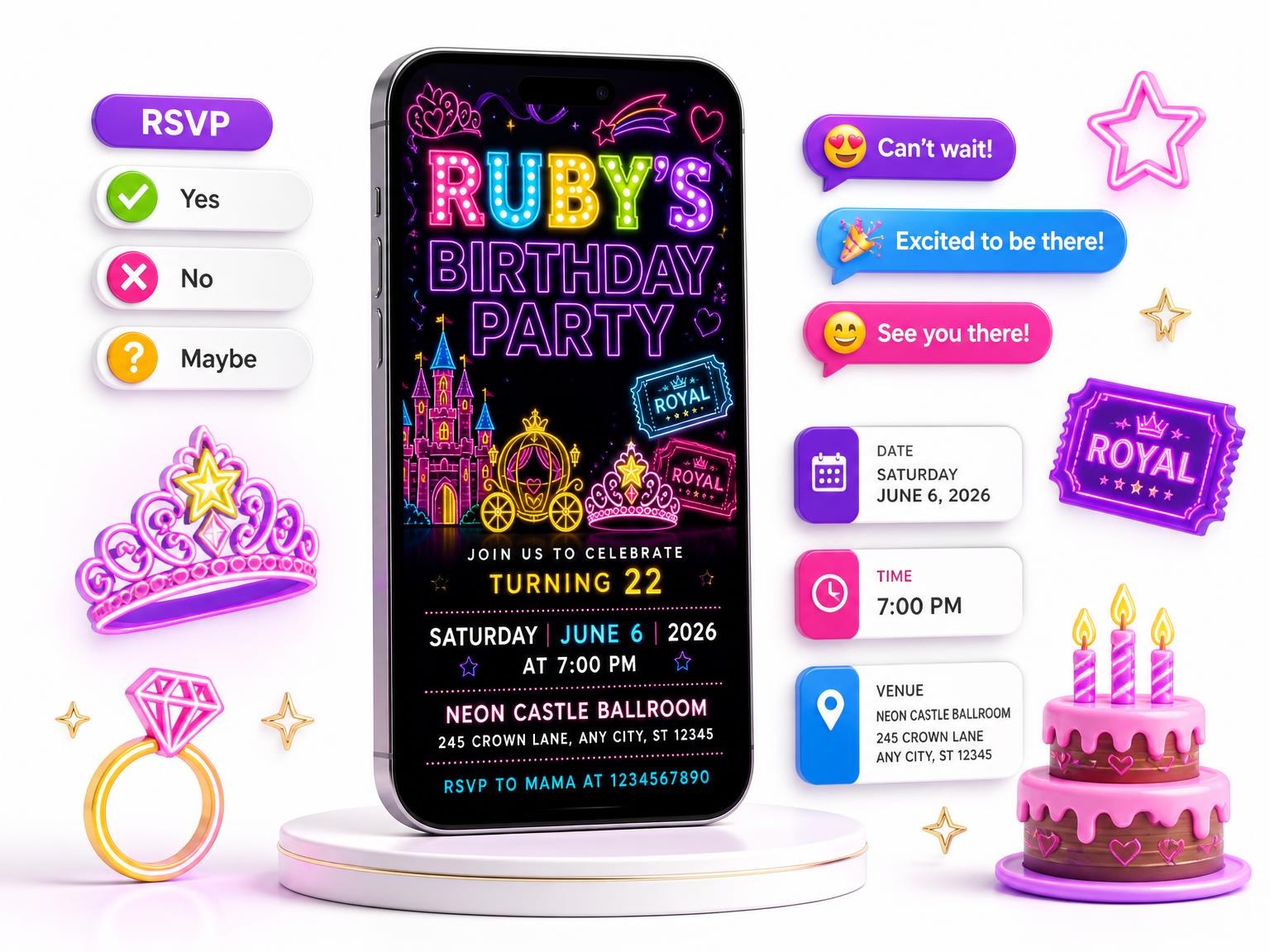 The Neon Princess 22nd Birthday Invitation invitation on a phone, with guest RSVPs arriving around it