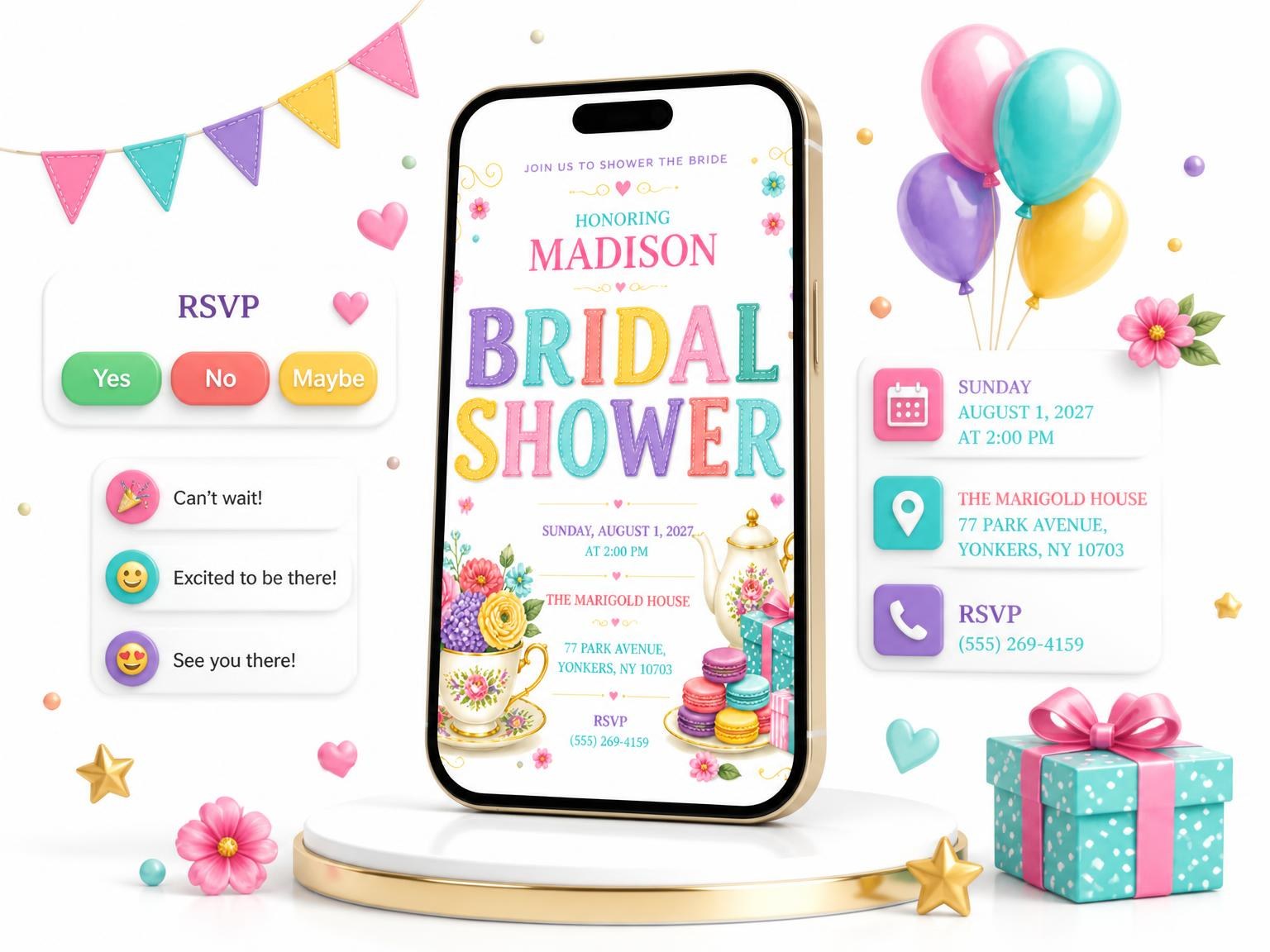 The Floral Tea Party Bridal Shower Invitation invitation on a phone, with guest RSVPs arriving around it