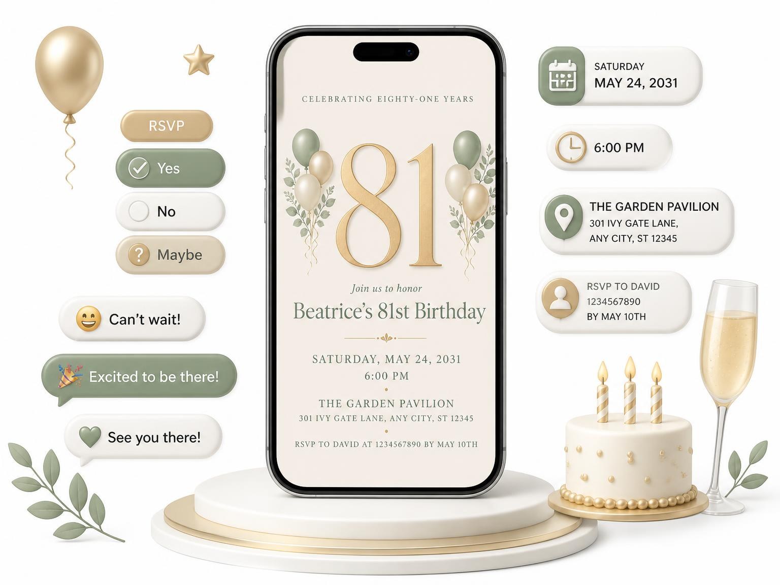 The Sage and Ivory 81st Birthday Invitation invitation on a phone, with guest RSVPs arriving around it