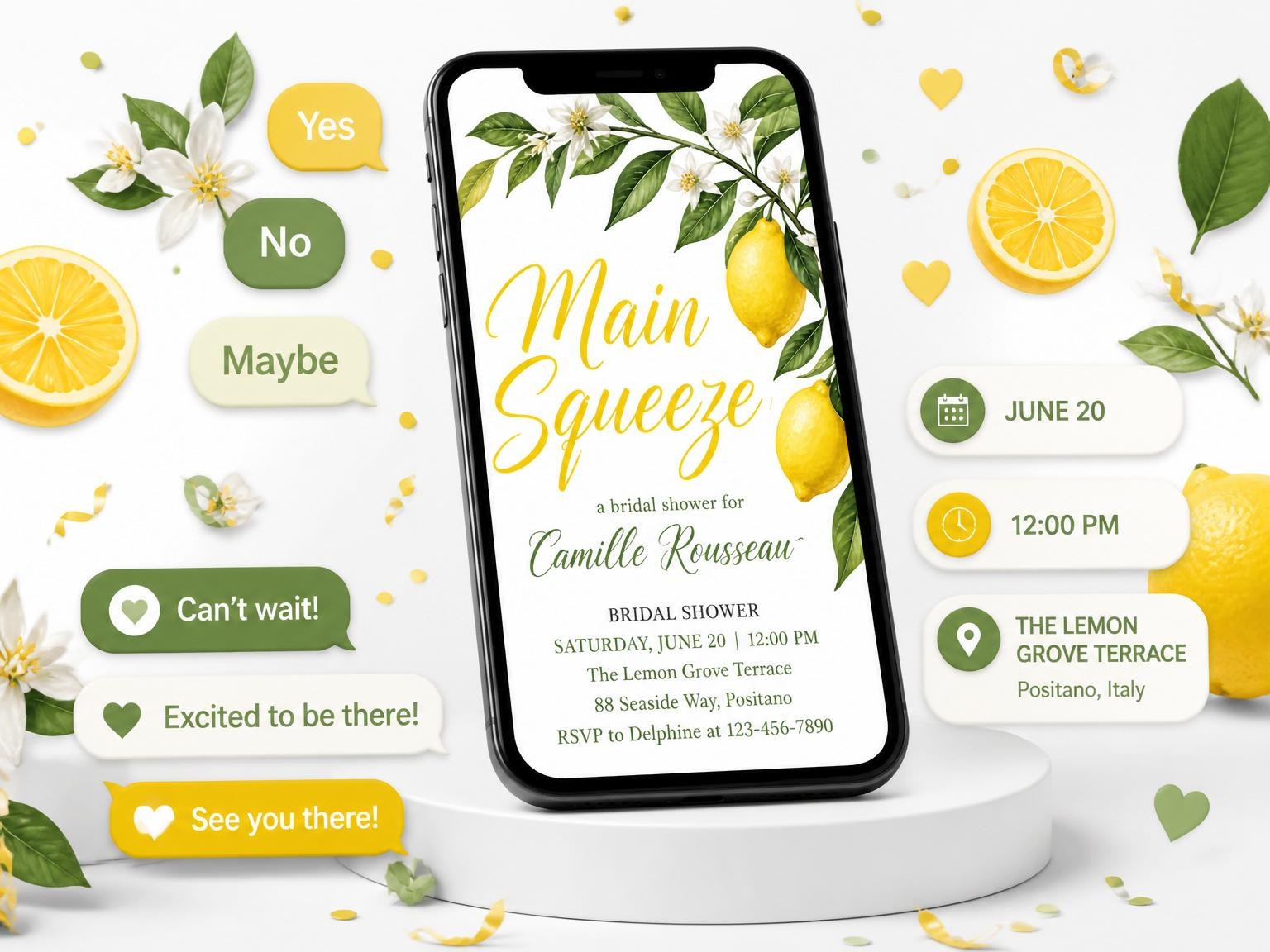 The Watercolor Lemon Branch Bridal Shower invitation on a phone, with guest RSVPs arriving around it
