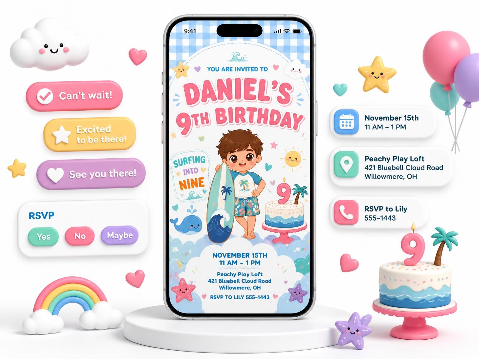 The Surfer Kawaii Pastel 9th Birthday Invitation invitation on a phone, with guest RSVPs arriving around it