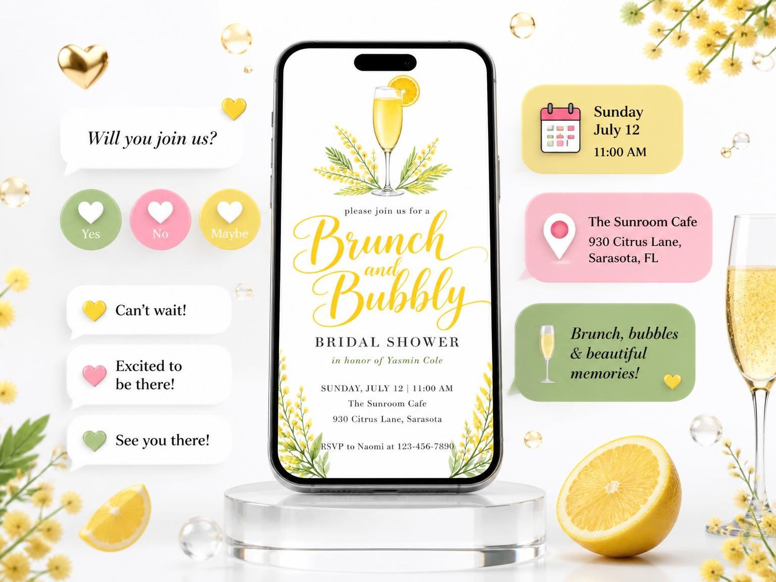 The Watercolor Mimosa Floral Bridal Shower invitation on a phone, with guest RSVPs arriving around it