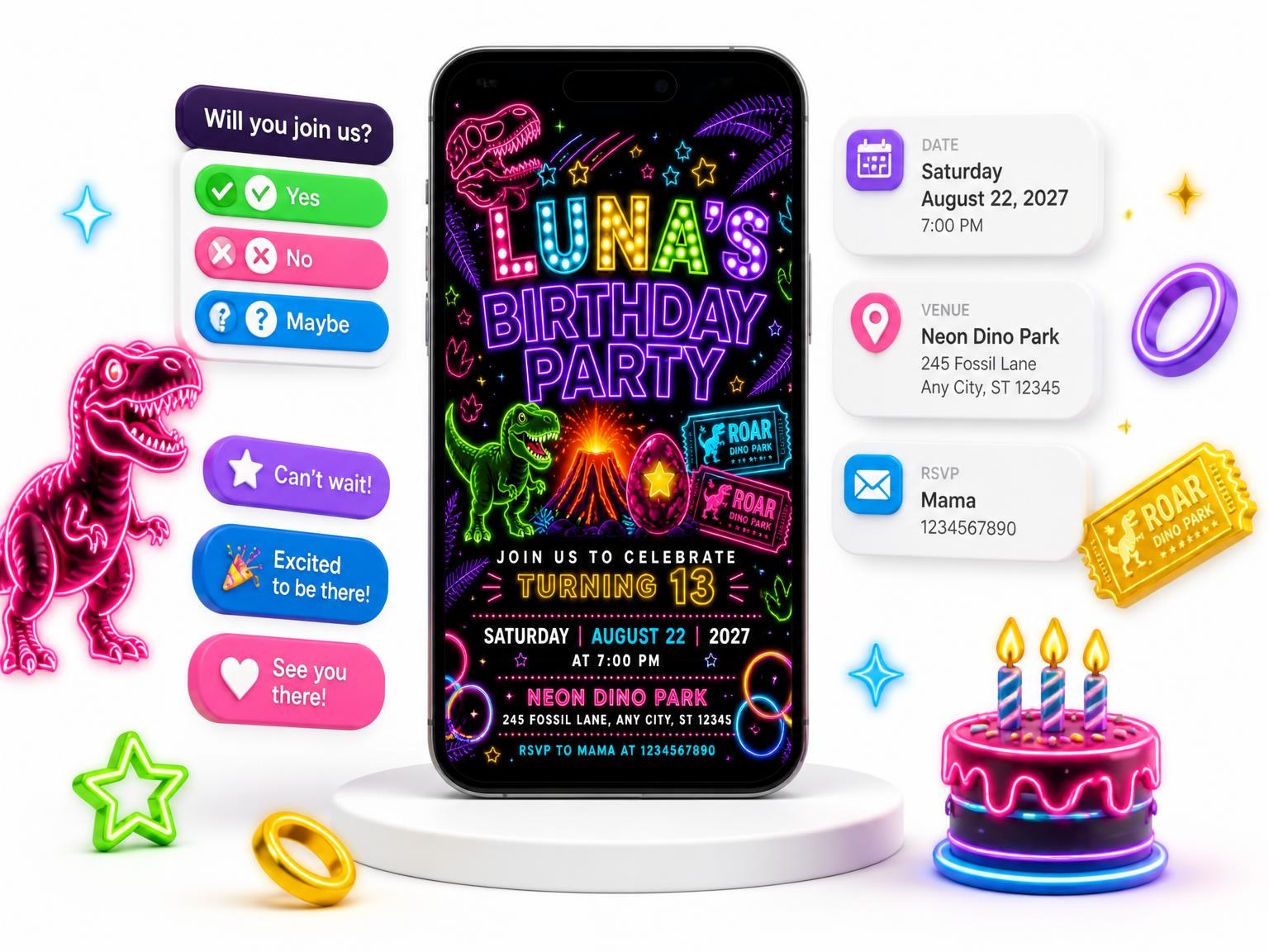 The Neon Dinosaur 13th Birthday Invitation invitation on a phone, with guest RSVPs arriving around it
