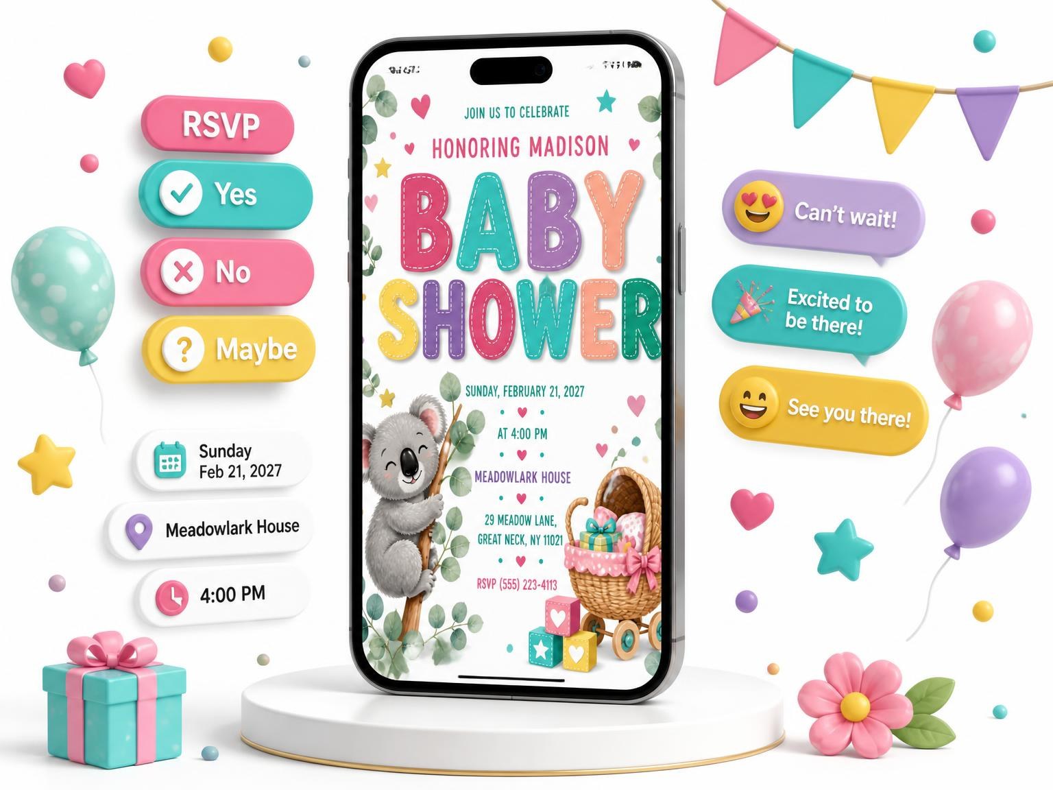 The Eucalyptus Branches Baby Shower Invitation invitation on a phone, with guest RSVPs arriving around it