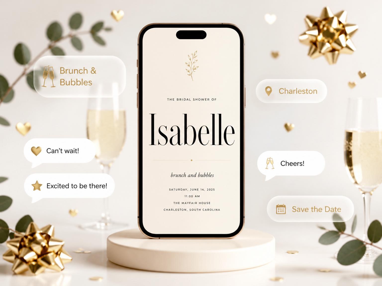 The Gold Botanical Cream Bridal Shower invitation on a phone, with guest RSVPs arriving around it
