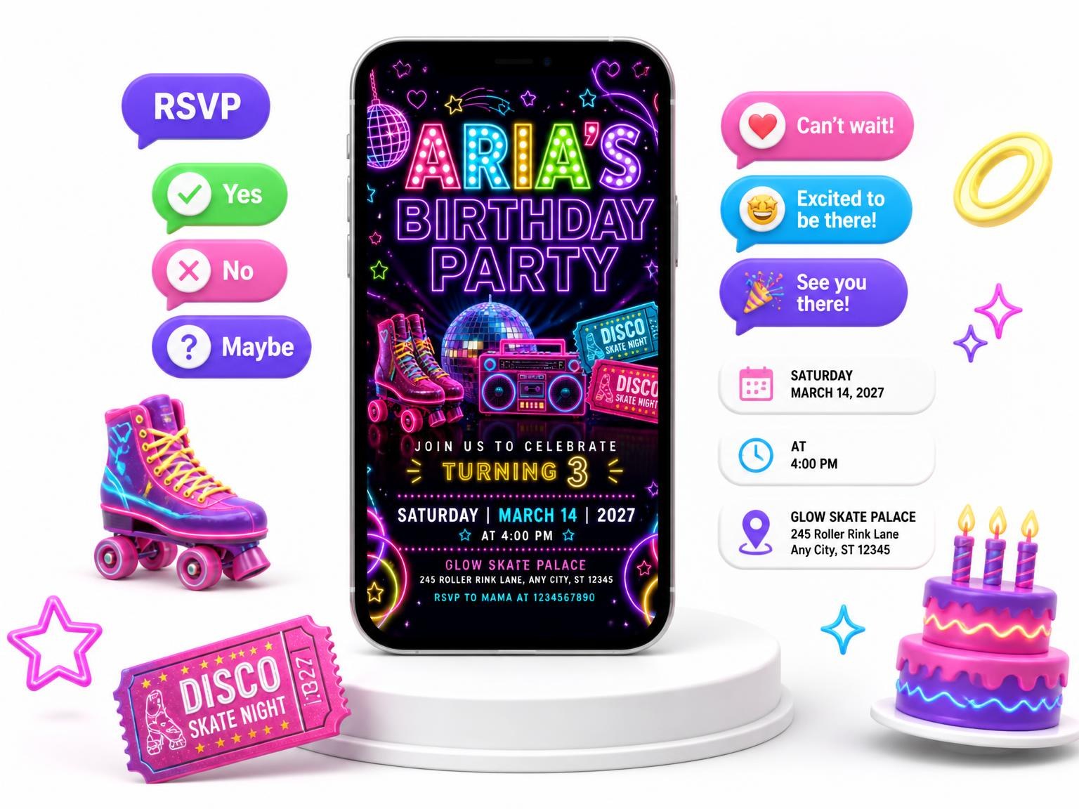 The Neon Roller Disco 3rd Birthday Invitation invitation on a phone, with guest RSVPs arriving around it