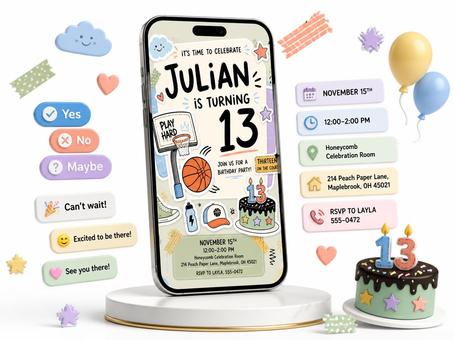 The Hoop Backboard Pastel 13th Birthday Invitation invitation on a phone, with guest RSVPs arriving around it