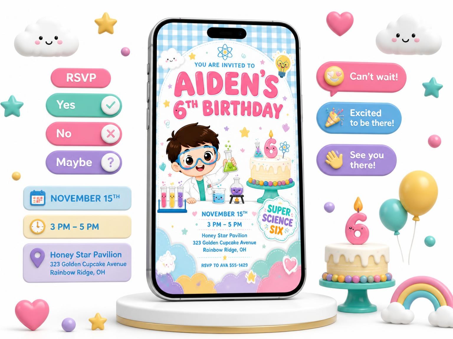 The Science Glassware 6th Birthday Invitation invitation on a phone, with guest RSVPs arriving around it