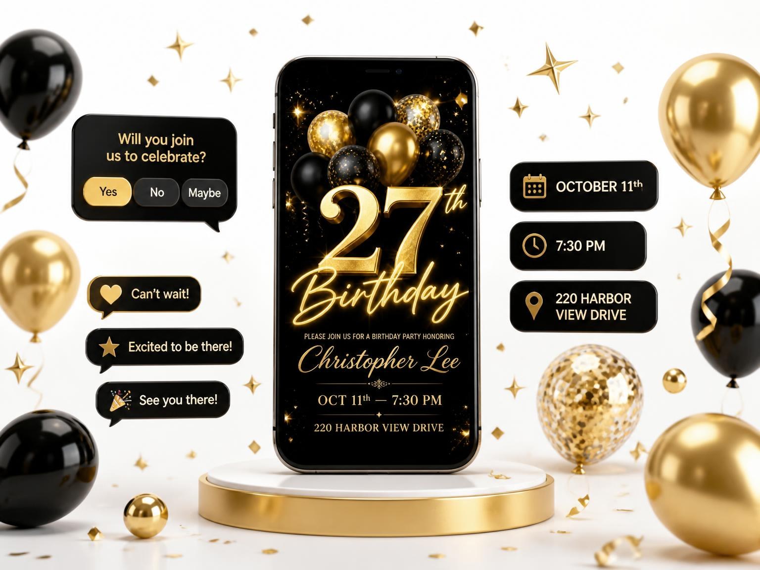The Black and Gold Balloon 27th Birthday invitation on a phone, with guest RSVPs arriving around it