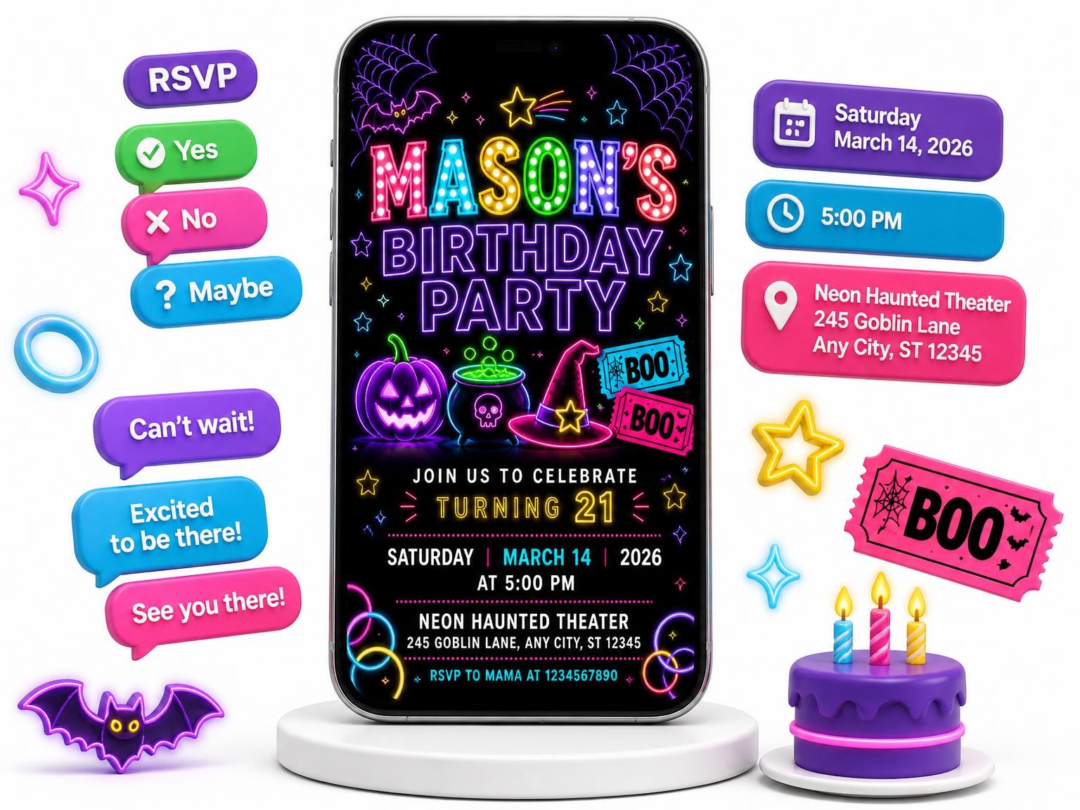 The Neon Halloween Glow 21st Birthday Invitation invitation on a phone, with guest RSVPs arriving around it