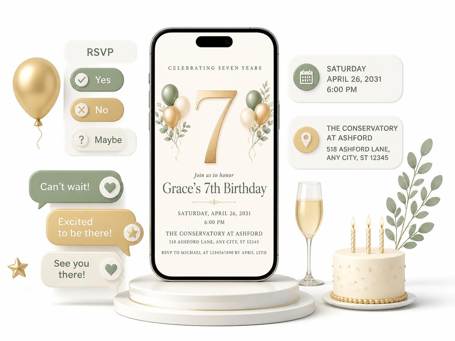 The Sage and Ivory 7th Birthday Invitation invitation on a phone, with guest RSVPs arriving around it