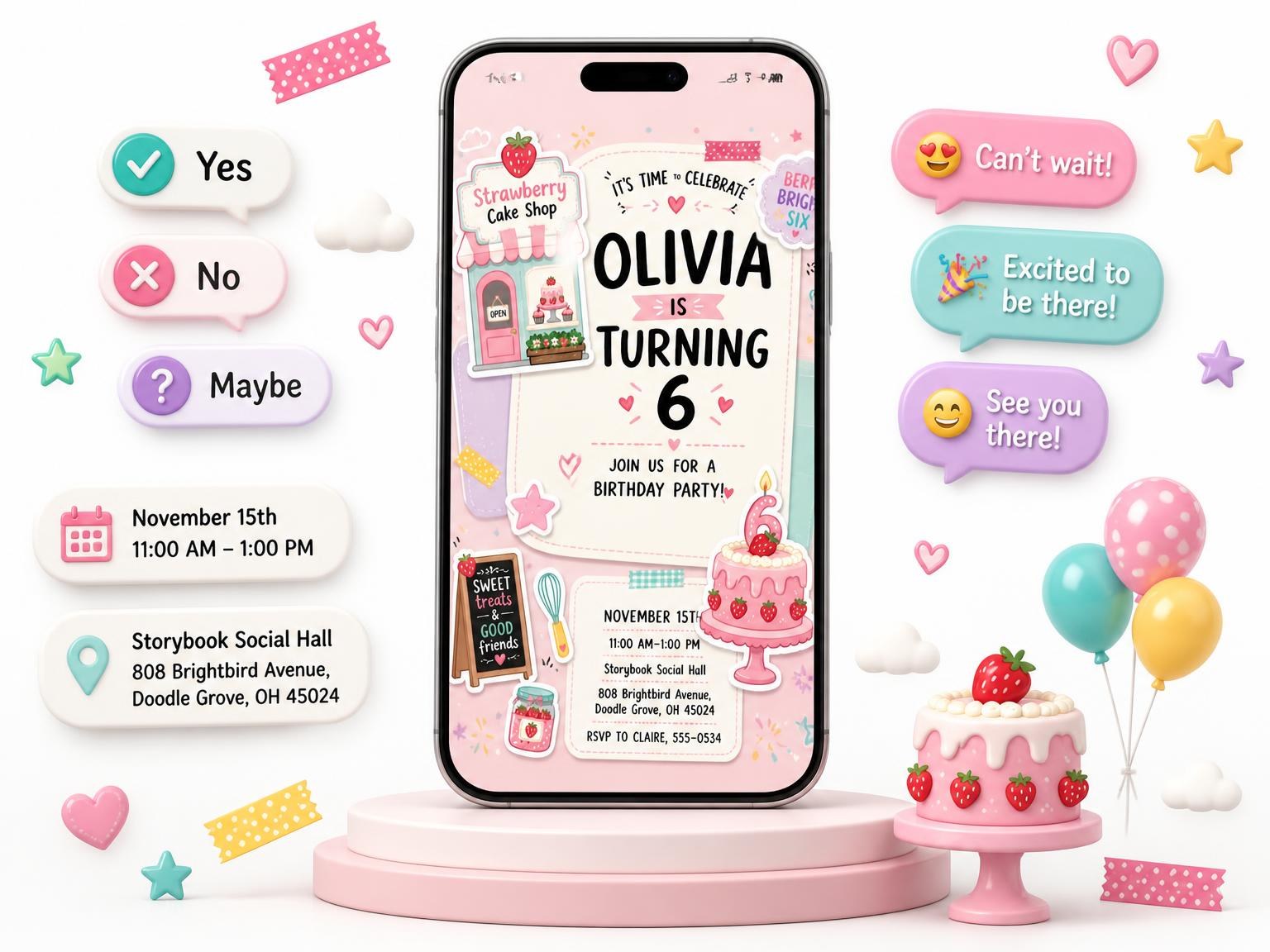 The Pastel Strawberry Bakery 6th Birthday Invitation invitation on a phone, with guest RSVPs arriving around it