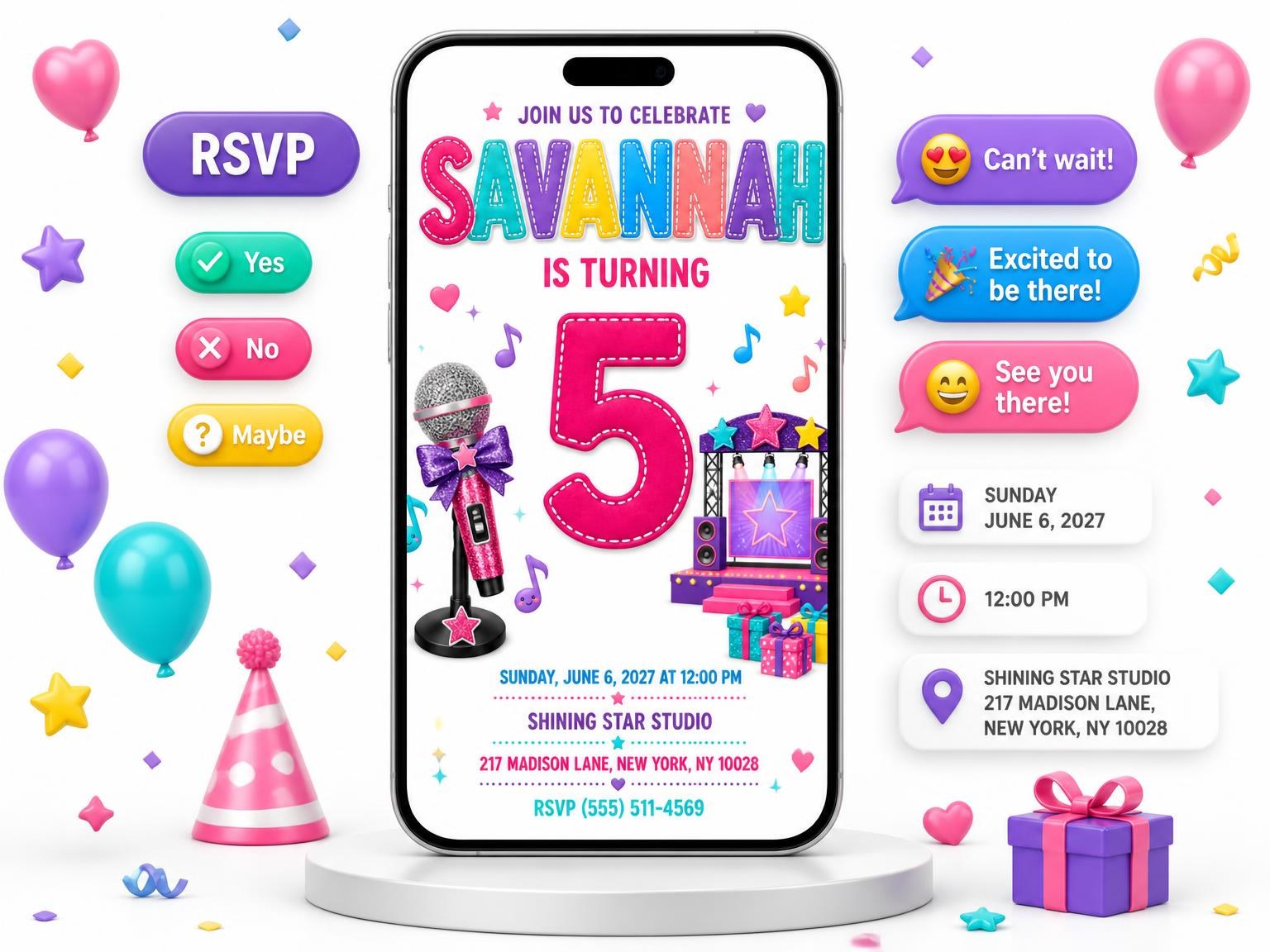 The Stage Presents Stitched 5th Birthday Invitation invitation on a phone, with guest RSVPs arriving around it