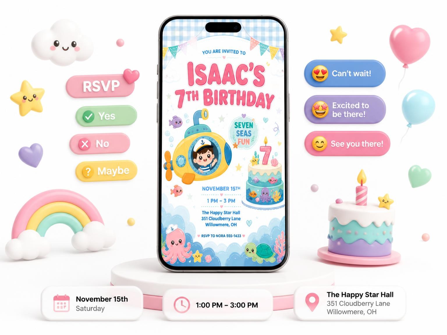 The Kawaii Submarine Sailor 7th Birthday Invitation invitation on a phone, with guest RSVPs arriving around it