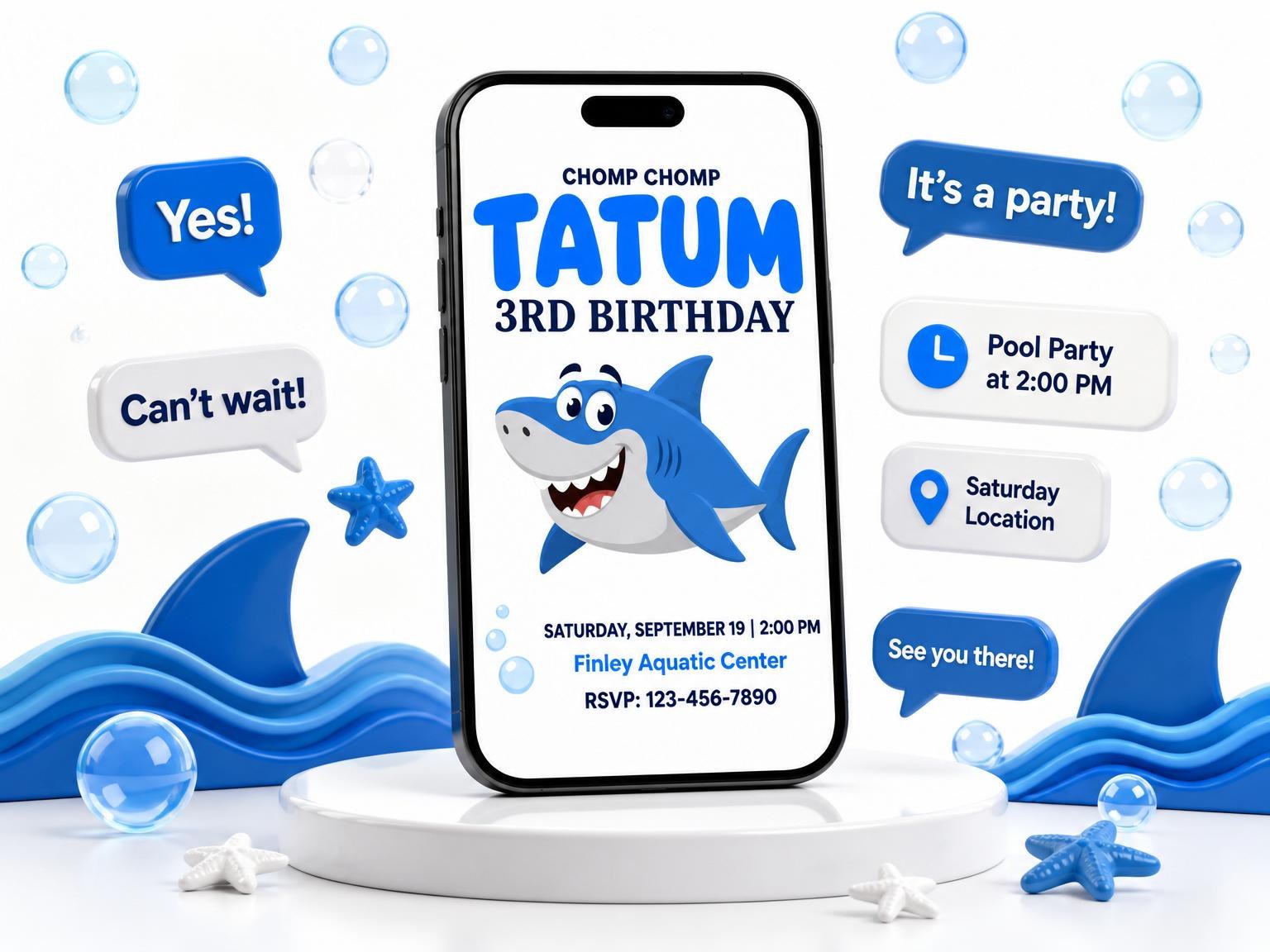 The Blue Shark Cartoon 3rd Birthday invitation on a phone, with guest RSVPs arriving around it