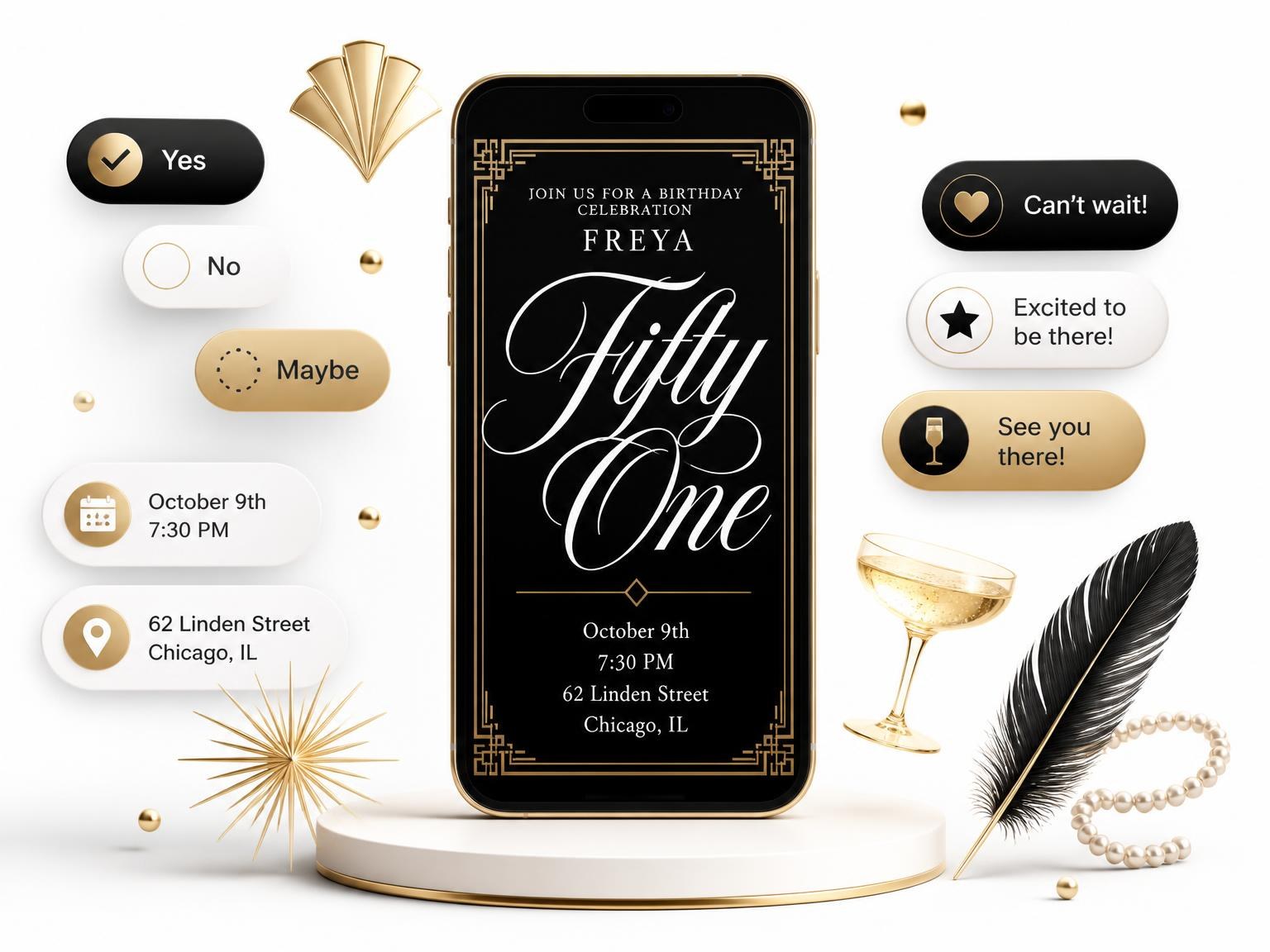 The Art Deco 51st Birthday Invitation invitation on a phone, with guest RSVPs arriving around it