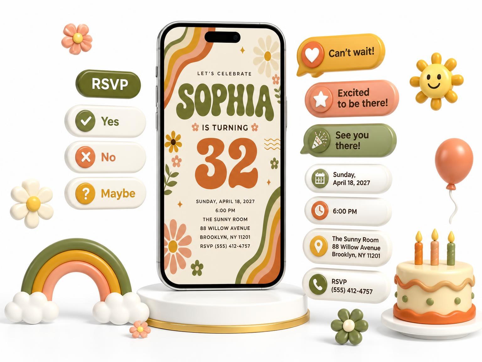 The Groovy Retro 32nd Birthday Invitation invitation on a phone, with guest RSVPs arriving around it