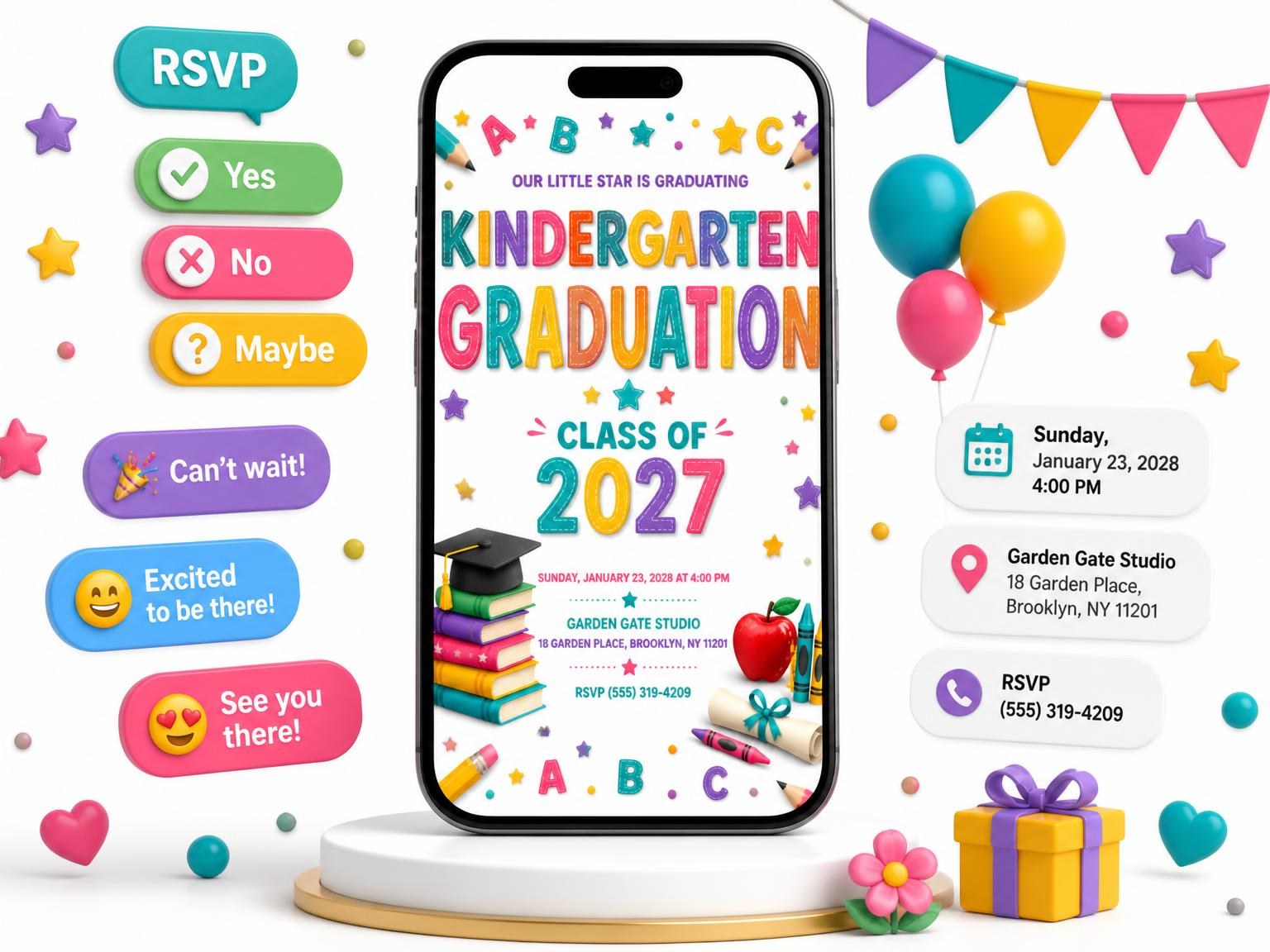 The Kindergarten Graduation Invitation invitation on a phone, with guest RSVPs arriving around it