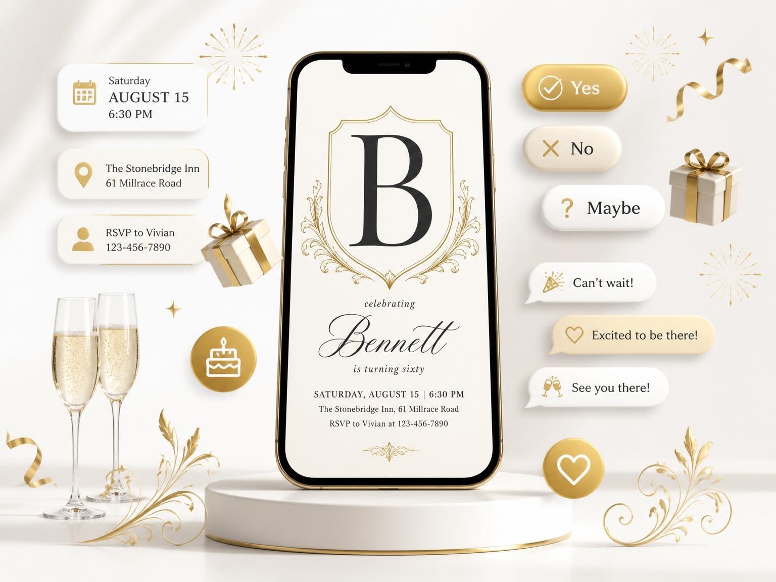 The Gold Crest Serif 60th Birthday invitation on a phone, with guest RSVPs arriving around it