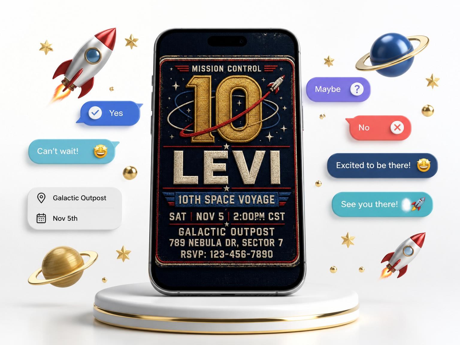 The Navy Embroidered Space Patch 10th Birthday invitation on a phone, with guest RSVPs arriving around it