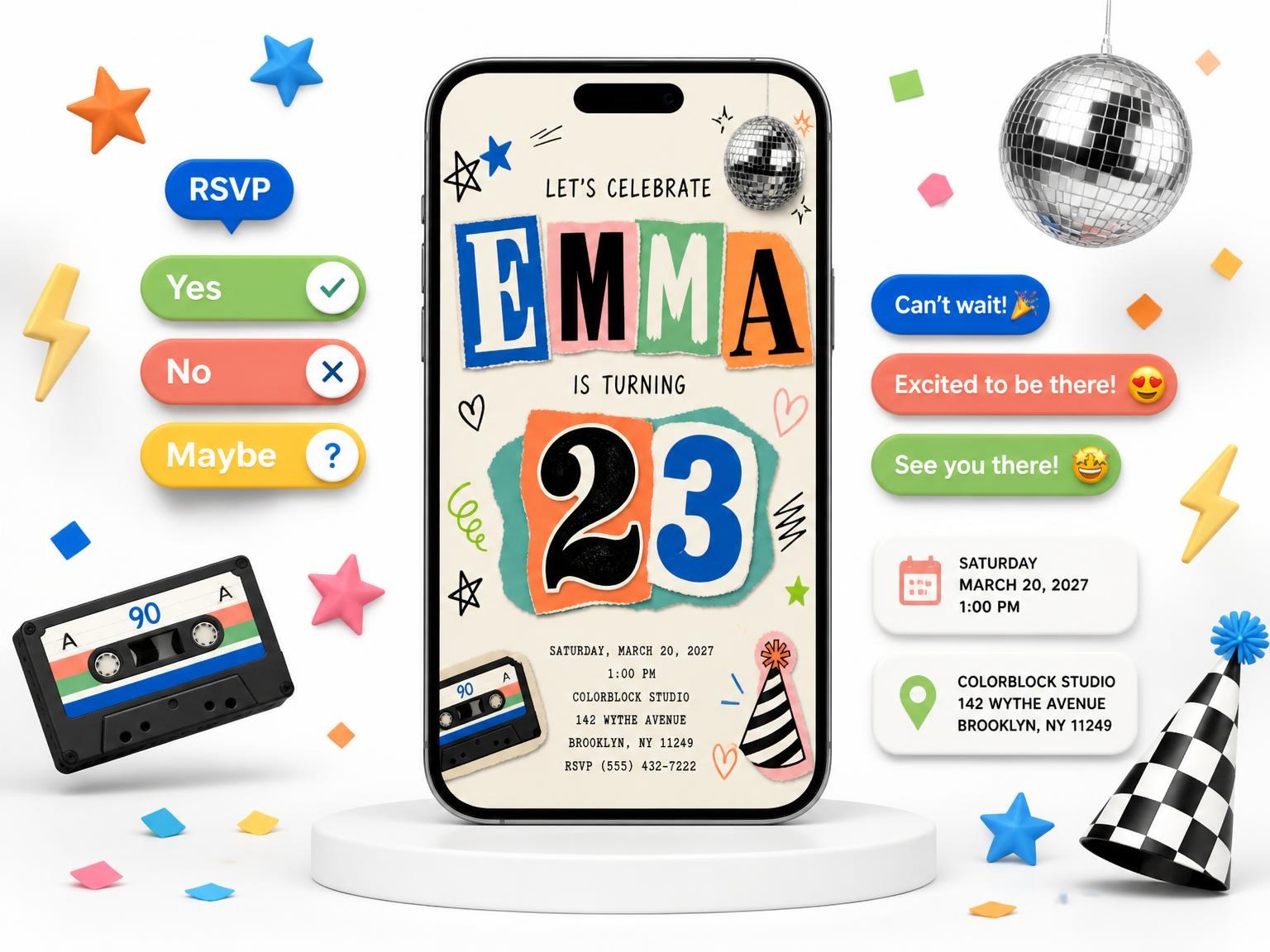 The Retro Paper Collage 23rd Birthday Invitation invitation on a phone, with guest RSVPs arriving around it