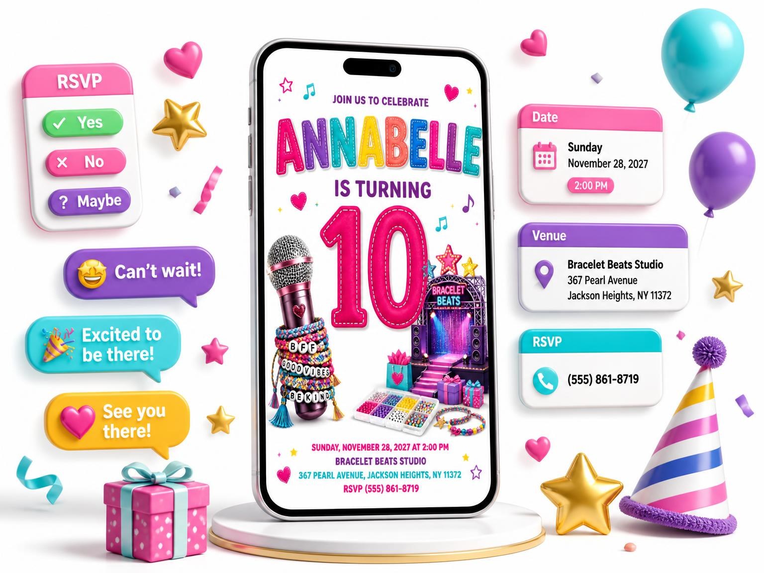 The Concert Stage Stitched 10th Birthday Invitation invitation on a phone, with guest RSVPs arriving around it