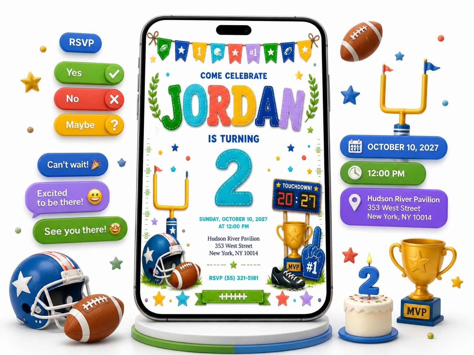 The Stitched Football 2nd Birthday Invitation invitation on a phone, with guest RSVPs arriving around it
