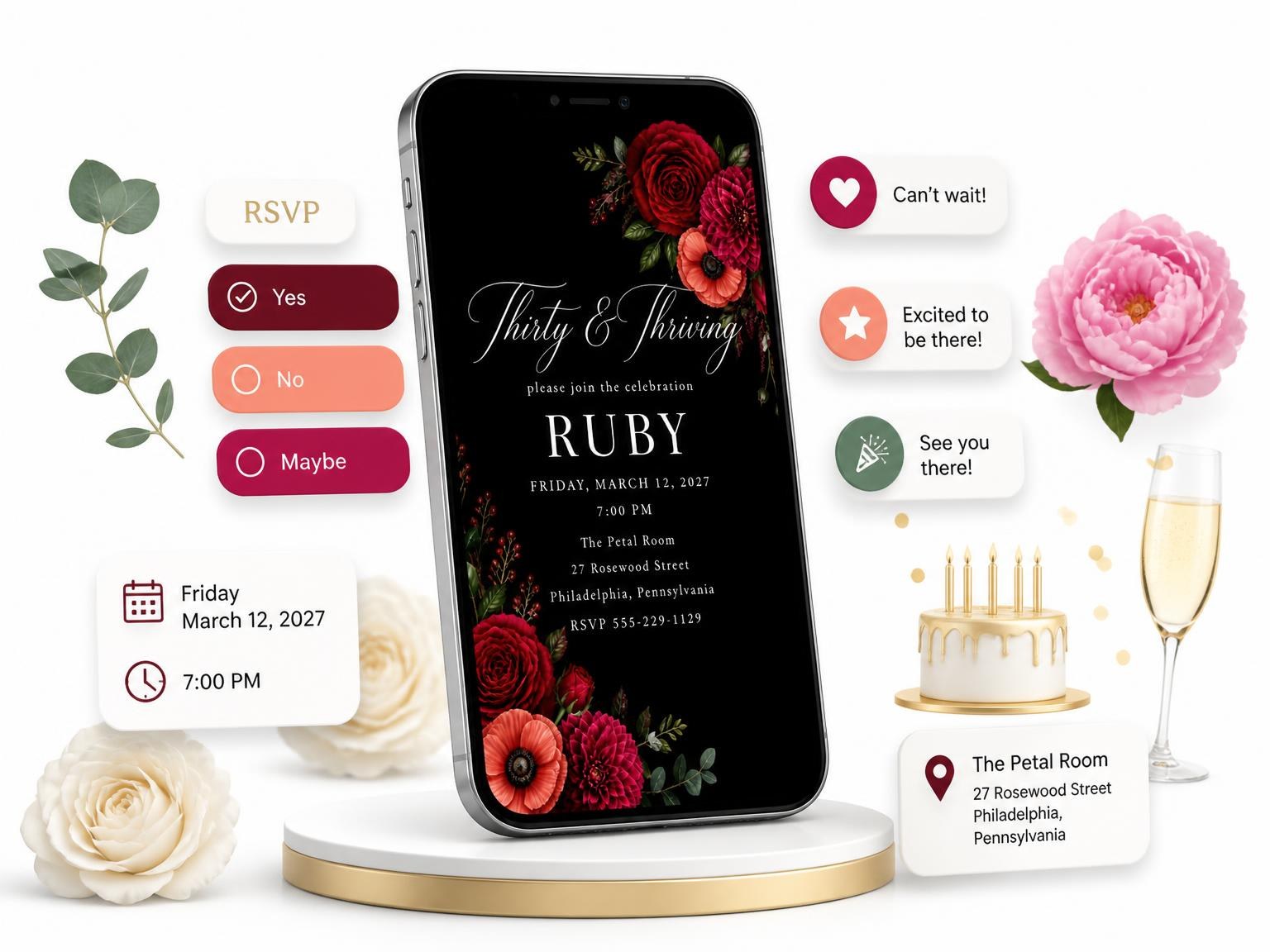 The Black Floral 30th Birthday Invitation invitation on a phone, with guest RSVPs arriving around it