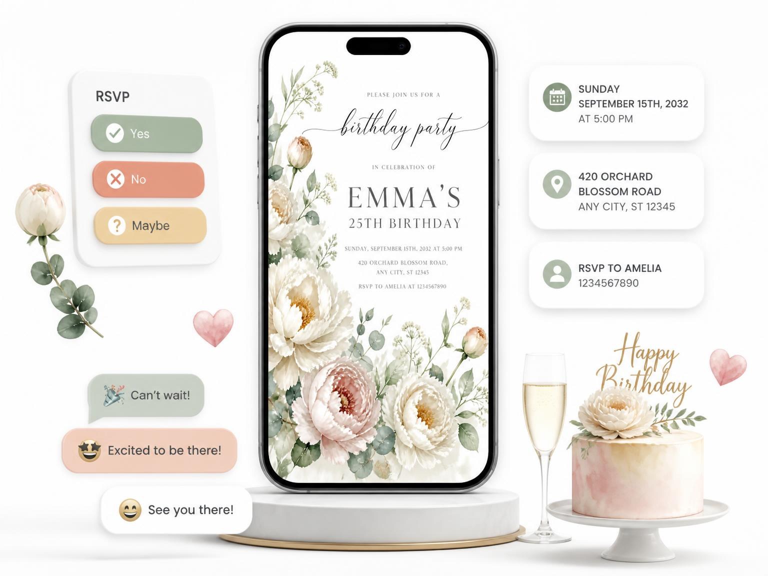 The Garland Bouquet Ivory 25th Birthday Invitation invitation on a phone, with guest RSVPs arriving around it
