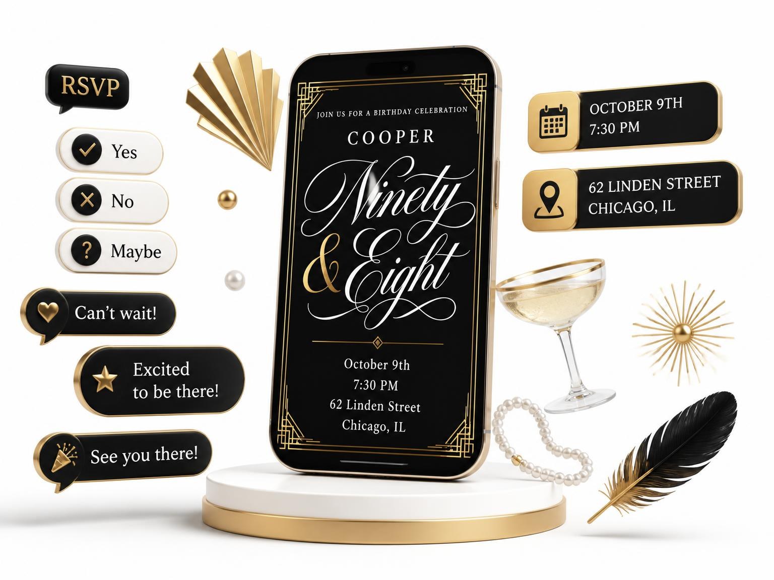 The Art Deco 98th Birthday Invitation invitation on a phone, with guest RSVPs arriving around it