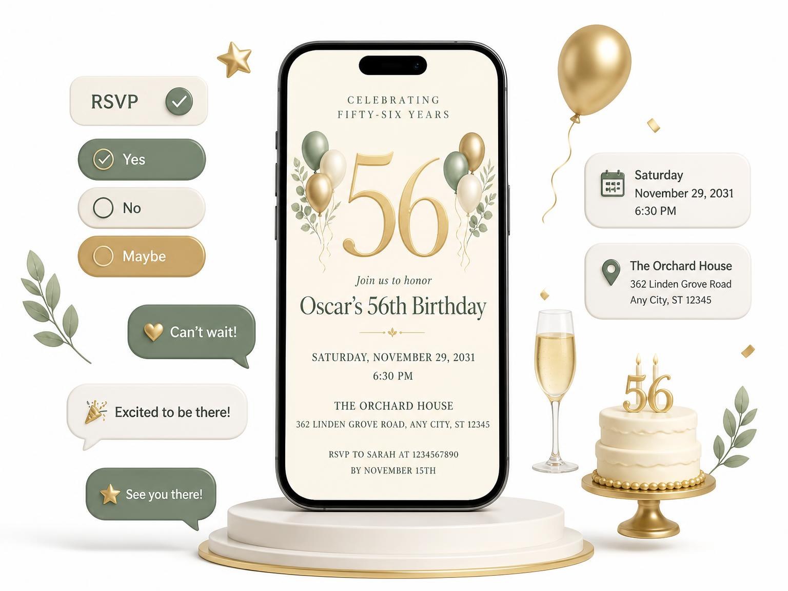 The Sage and Ivory 56th Birthday Invitation invitation on a phone, with guest RSVPs arriving around it