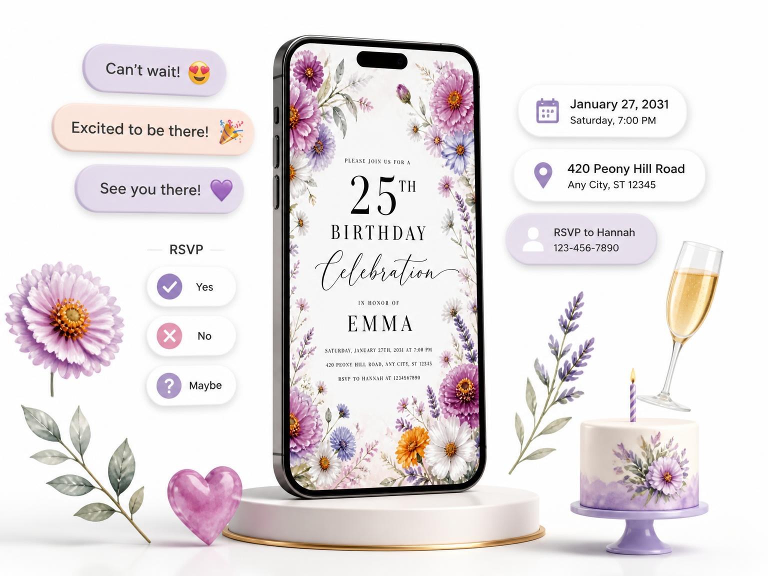 The Floral Lavender 25th Birthday Invitation invitation on a phone, with guest RSVPs arriving around it