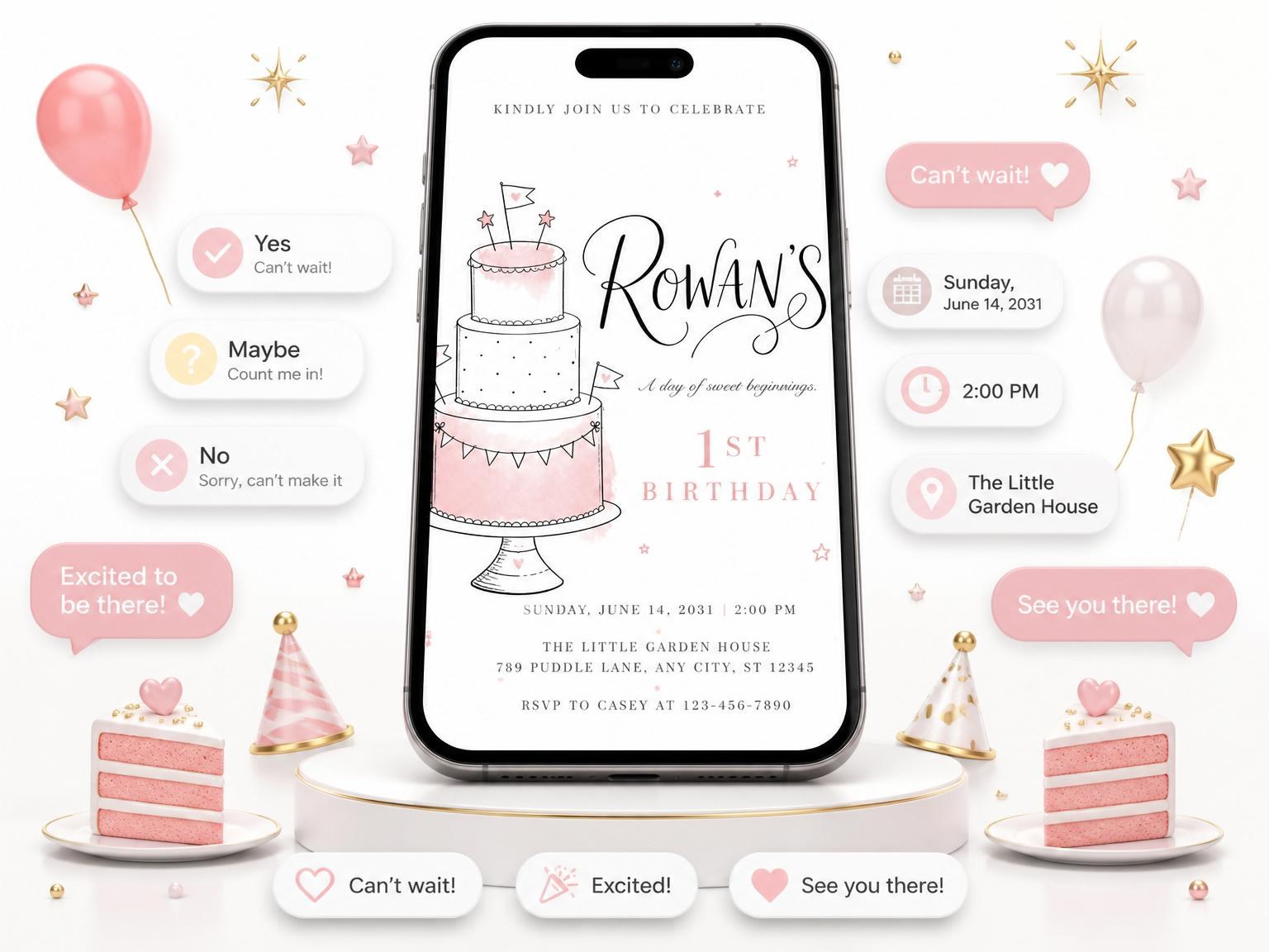 The Pink Watercolor Cake 1st Birthday Invitation invitation on a phone, with guest RSVPs arriving around it