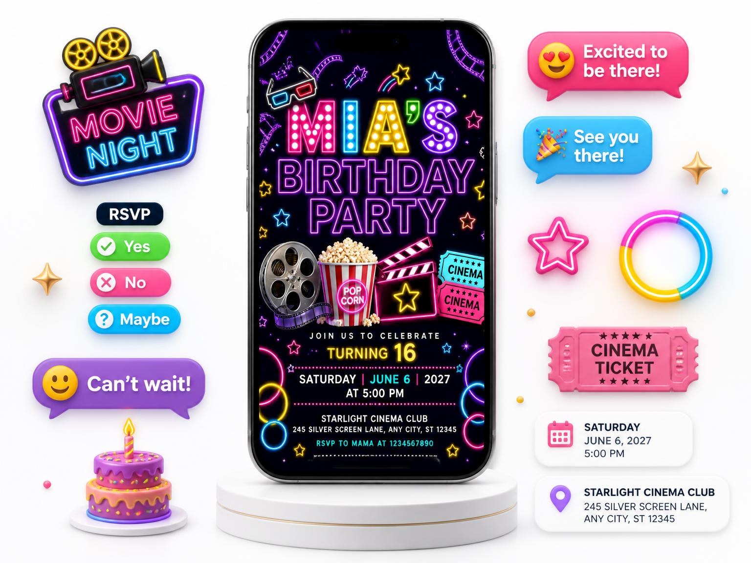 The Neon Movie Night 16th Birthday Invitation invitation on a phone, with guest RSVPs arriving around it